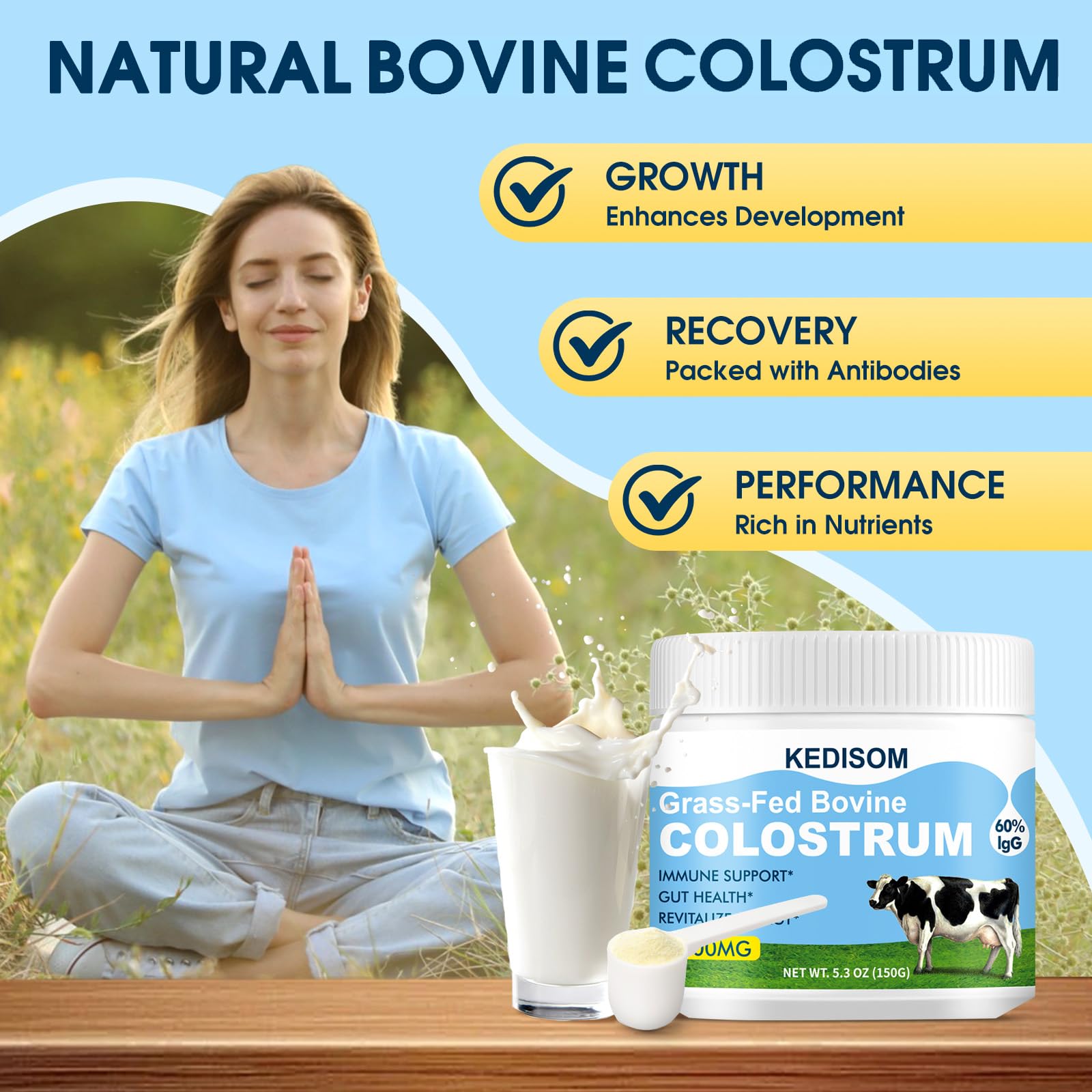 KEDISOM Grass-Fed Bovine Colostrum Supplement Powder - 60% High IgG 3000 mg for Gut Health, Immune Support - Easy to Mix Natural Liposomal Colostrum Superfood, Unflavored, 50 Servings KEDISOM buy supplements canada