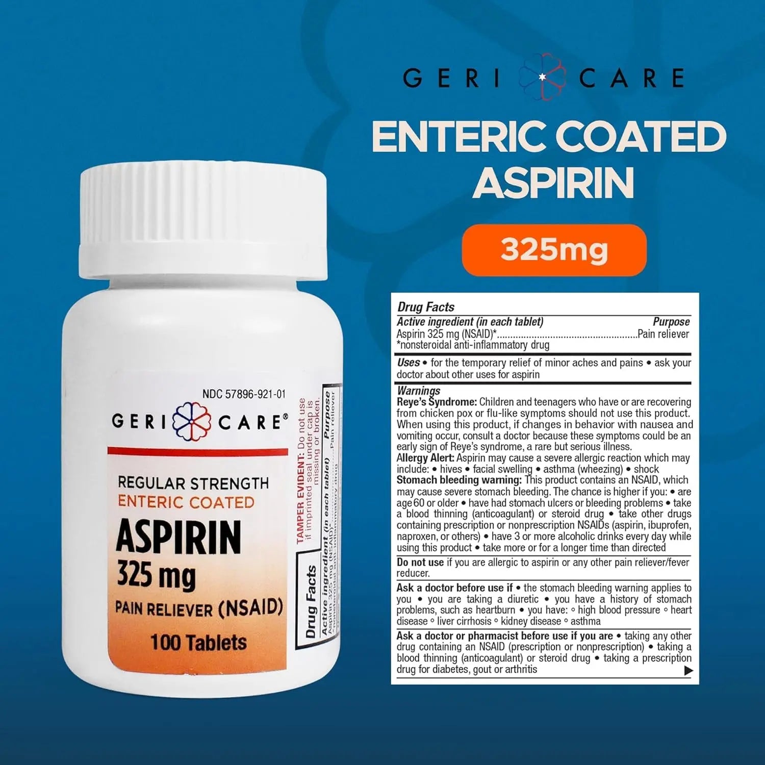 Enteric Coated Aspirin Tablets 325mg (100 Count) by GeriCare- NSAID Pain Reliever & Fever Reducer Coated Aspirin for Adults- Regular Strength Aspirin for Headache Arthritis Menstrual & Muscle Pain GeriCare buy supplements canada