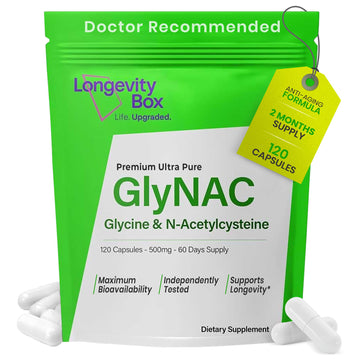 Longevity Box Ultra Pure GlyNAC Supplement 1000mg (500mg Glycine + 500mg N-Acetyl Cysteine) - Glutathione Precursor for Healthy Aging, Energy & Cellular Protection - 120 Vegan Capsules Longevity Box buy supplements canada