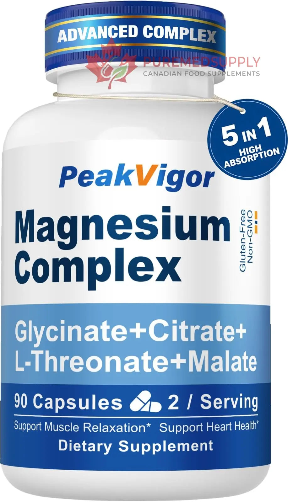 5 in 1 Magnesium Complex, 976mg Complex with Magnesium Glycinate, Citrate, Malate & L-Threonate, Vitamin B6 for High Absorption, Third Party Tested, Gluten-Free, Easy-Swallow Vegan Capsule PeakVigor buy supplements canada