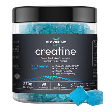 FlexPrime Creatine Gummies Sugar Free - 6g Creatine Monohydrate + L-Taurine, Alpha GPC, Betaine | Vegan Halal Blueberry Chews for Lean Muscle, Strength, Brain Health | Men Women 90 Count FlexPrime buy supplements canada