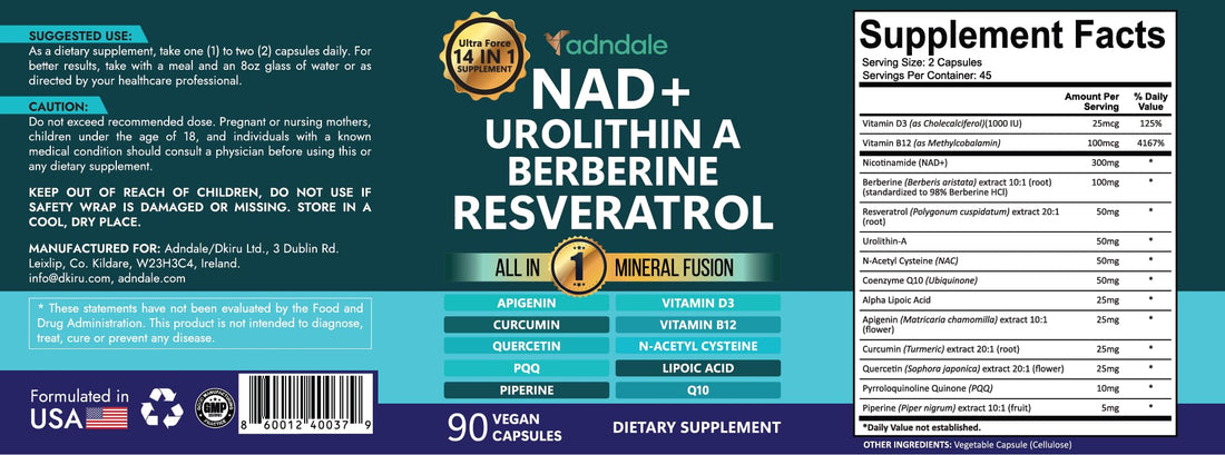 Adndale NAD Supplement. Longevity Formula with Liposomal NAD+, Trans Resveratrol, Urolithin-A, Berberine, CoQ10. NMN Supplement Alternative. 90 Count Adndale buy supplements canada