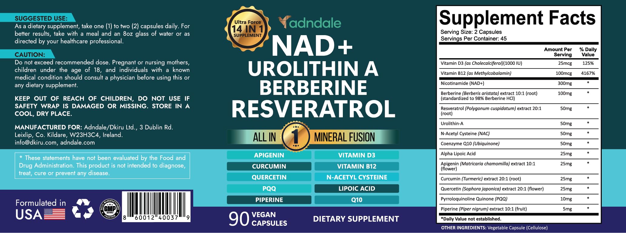 Adndale NAD Supplement. Longevity Formula with Liposomal NAD+, Trans Resveratrol, Urolithin-A, Berberine, CoQ10. NMN Supplement Alternative. 90 Count Adndale buy supplements canada