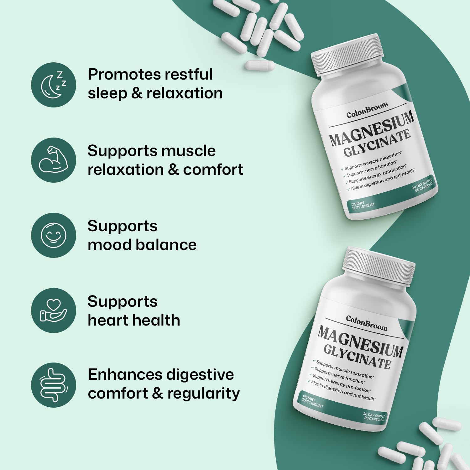 ColonBroom Pure Magnesium Glycinate Capsules | Supplement for Sleep, Heart & Muscle Support | Non-GMO, Gluten Free, Vegan & Sugar-Free | 1 Month Supply (90 Capsules) ColonBroom buy supplements canada