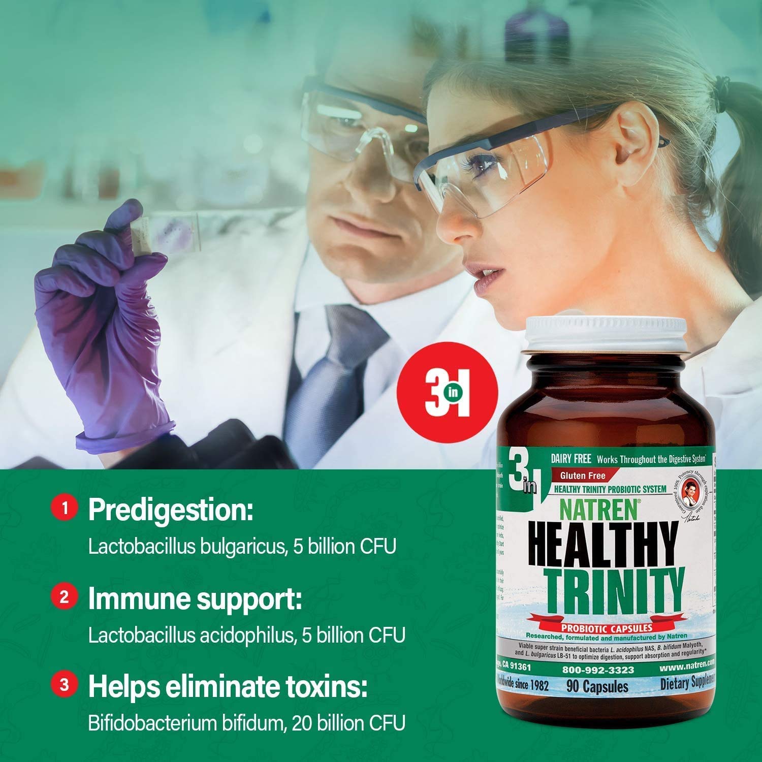 Natren Healthy Trinity Probiotics Supplement - 90 Dairy and Gluten Free Gel Capsules - Improve Gut and Digestive Health, 30 Billion CFU - Lactobacillus Acidophilus, Bifidobacterium, Bulgaricus Natren buy supplements canada