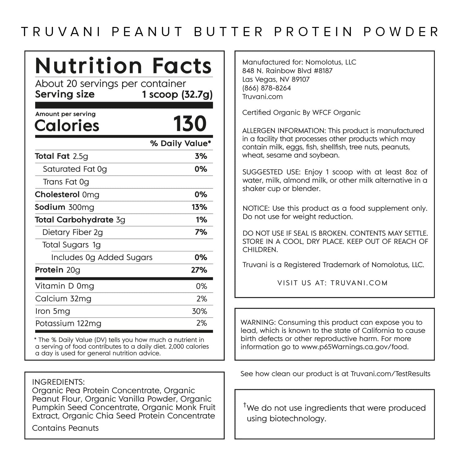 Truvani Organic Vegan Protein Powder Peanut Butter - 20g of Plant Based Protein, Powder Truvani buy supplements canada