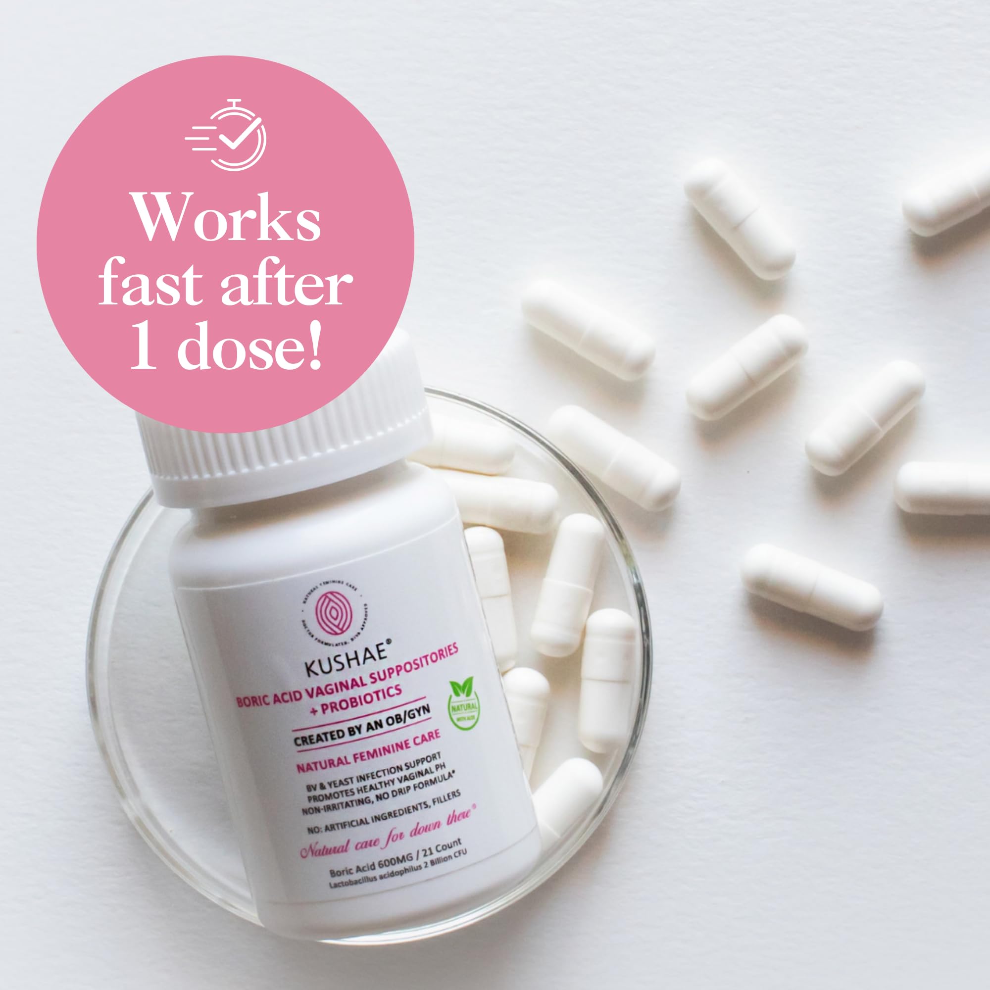 Kushae Boric Acid Suppositories + Rapid Relief, All Natural Female Suppositories with Probiotics & Aloe Vera, Relieves Discomfort & Balances pH Level Bottle Only 21 Capsules Kushae buy supplements canada