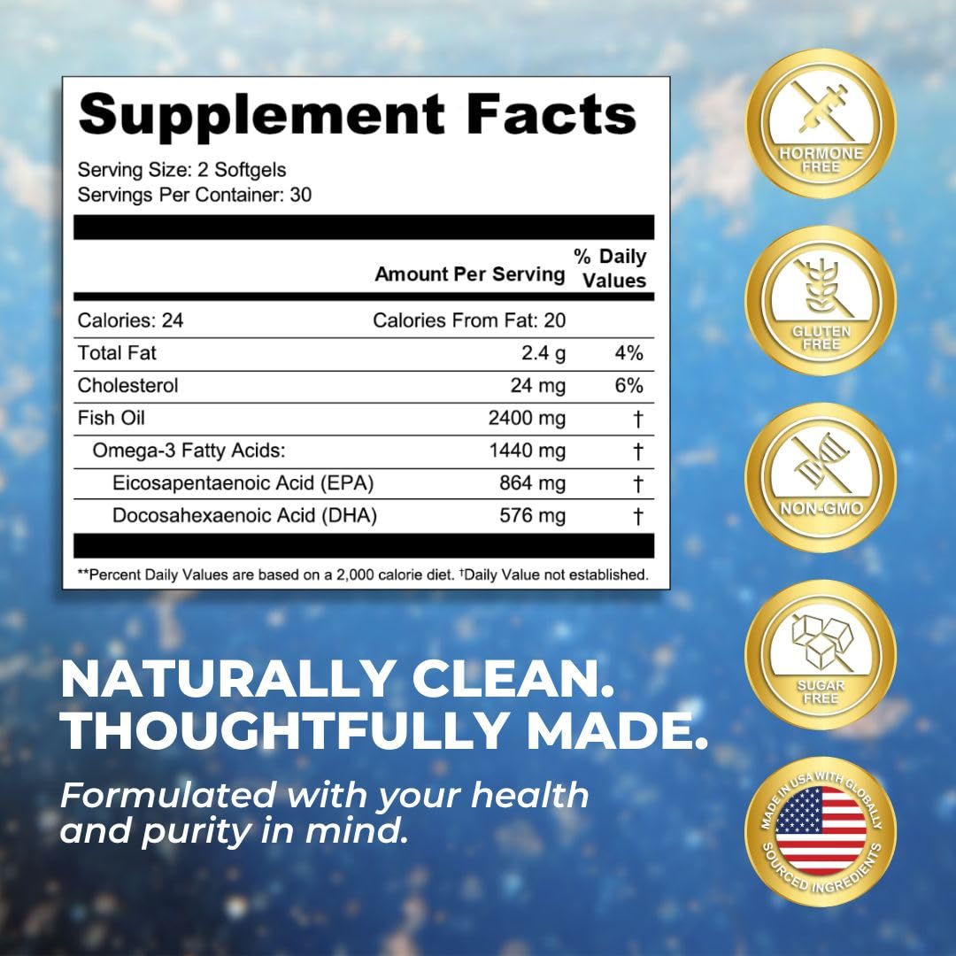 Vital Omega 3 Fish Oil Supplements 2400mg | 864mg EPA & 576mg DHA | 1440mg Total Omega-3 Fatty Acids | Promotes Brain & Heart Health | Non-GMO, Gluten-Free, Sugar-Free | Lemon | 60 Day Servings VITAL NUTRITIVE buy supplements canada
