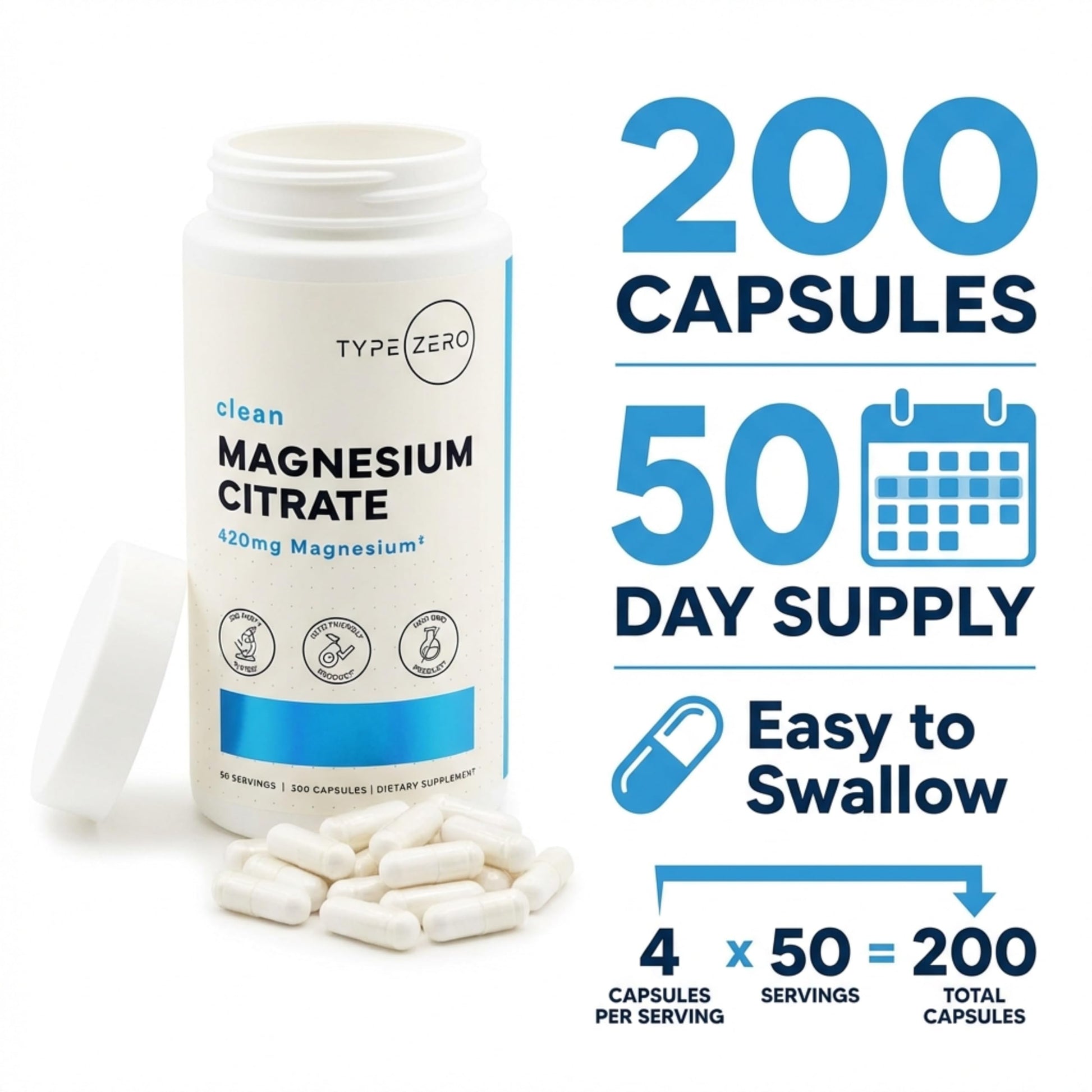 Type Zero Clean Magnesium Citrate Capsules (420mg Per Serving - 200 Capsules) Pure Magnesium Citrate Supplement, Non-GMO - Gluten Free, 50 Servings Type Zero buy supplements canada