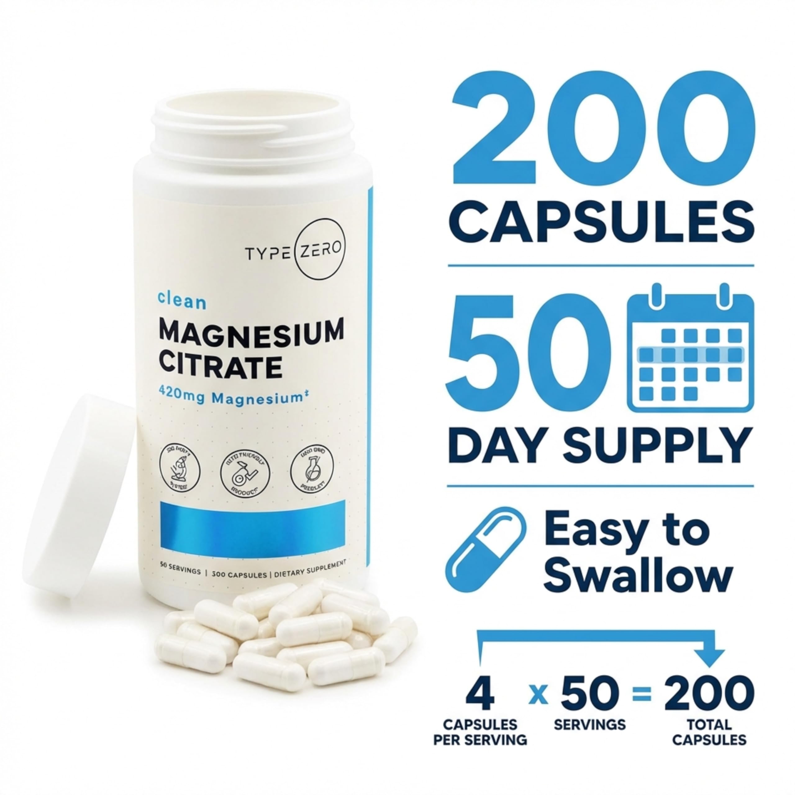 Type Zero Clean Magnesium Citrate Capsules (420mg Per Serving - 200 Capsules) Pure Magnesium Citrate Supplement, Non-GMO - Gluten Free, 50 Servings Type Zero buy supplements canada