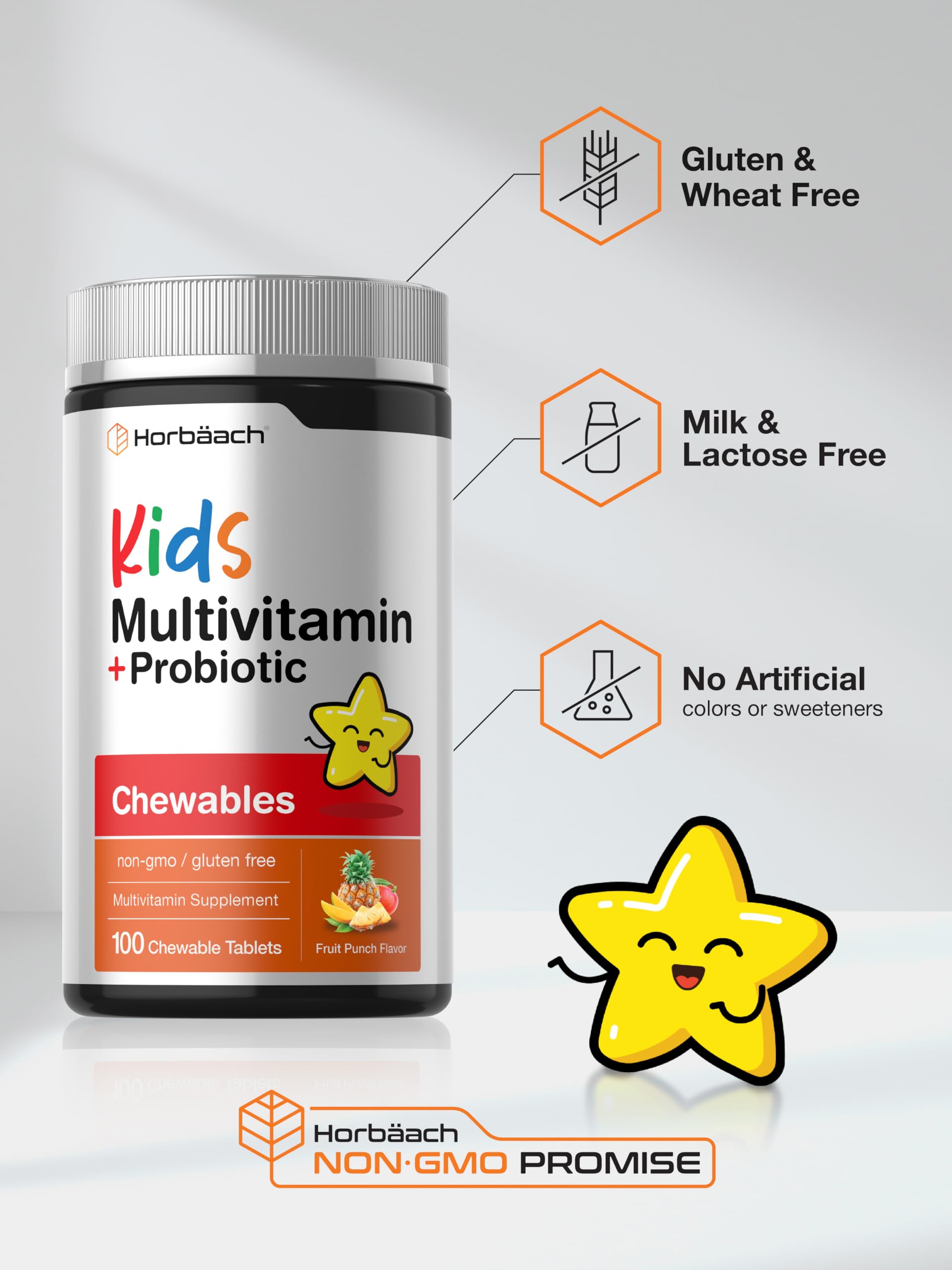 Horbäach Kids Multivitamin with Probiotics | 100 Chewable Tablets | Fruit Punch Flavor | Vegetarian, Non-GMO, Gluten Free Children's Supplement Horbäach buy supplements canada