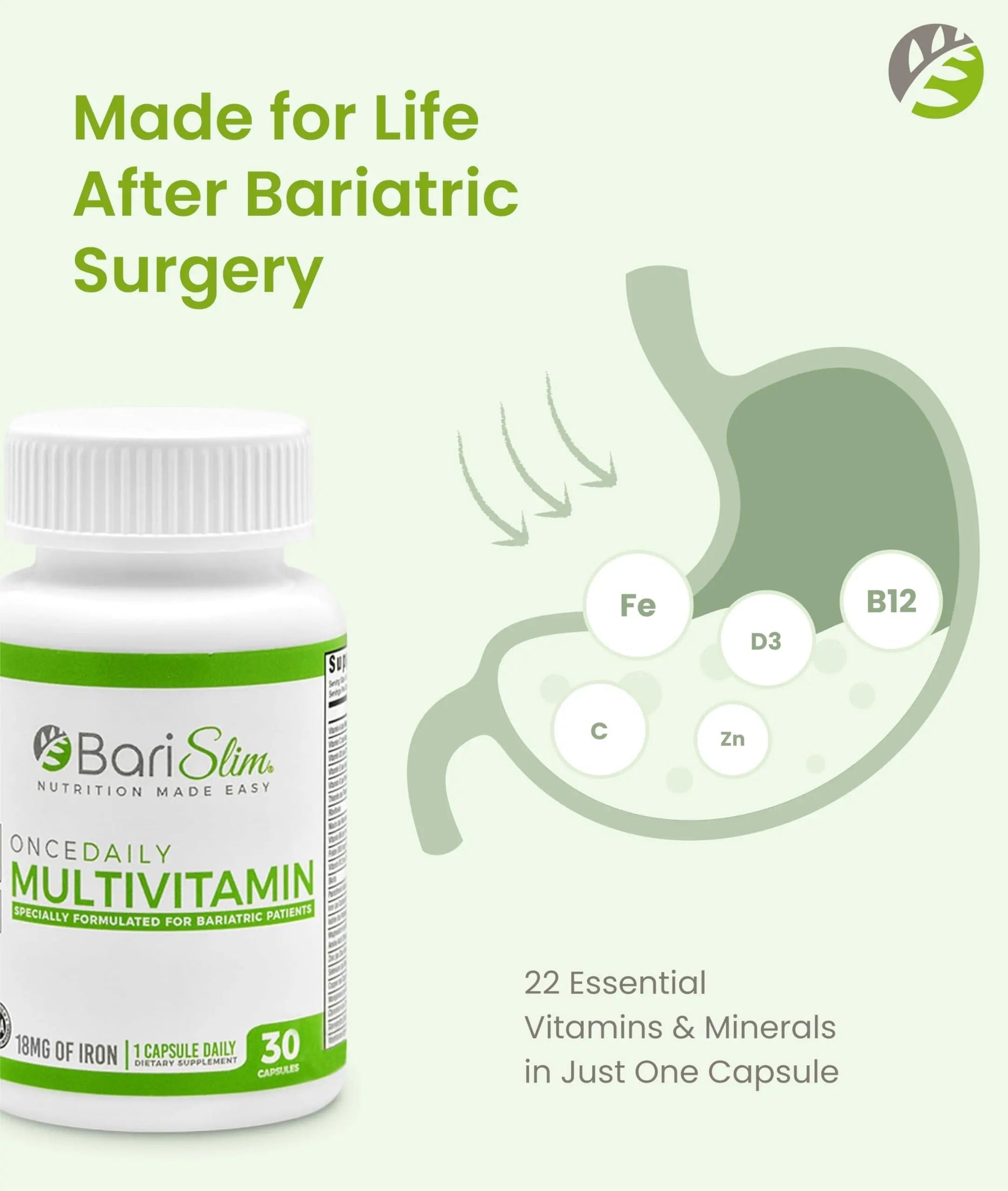 BariSlim Once Daily Bariatric Multivitamin Capsule - 18mg of Iron - Bariatric Vitamin & Supplement for Post Surgery Including Gastric Bypass BariSlim buy supplements canada