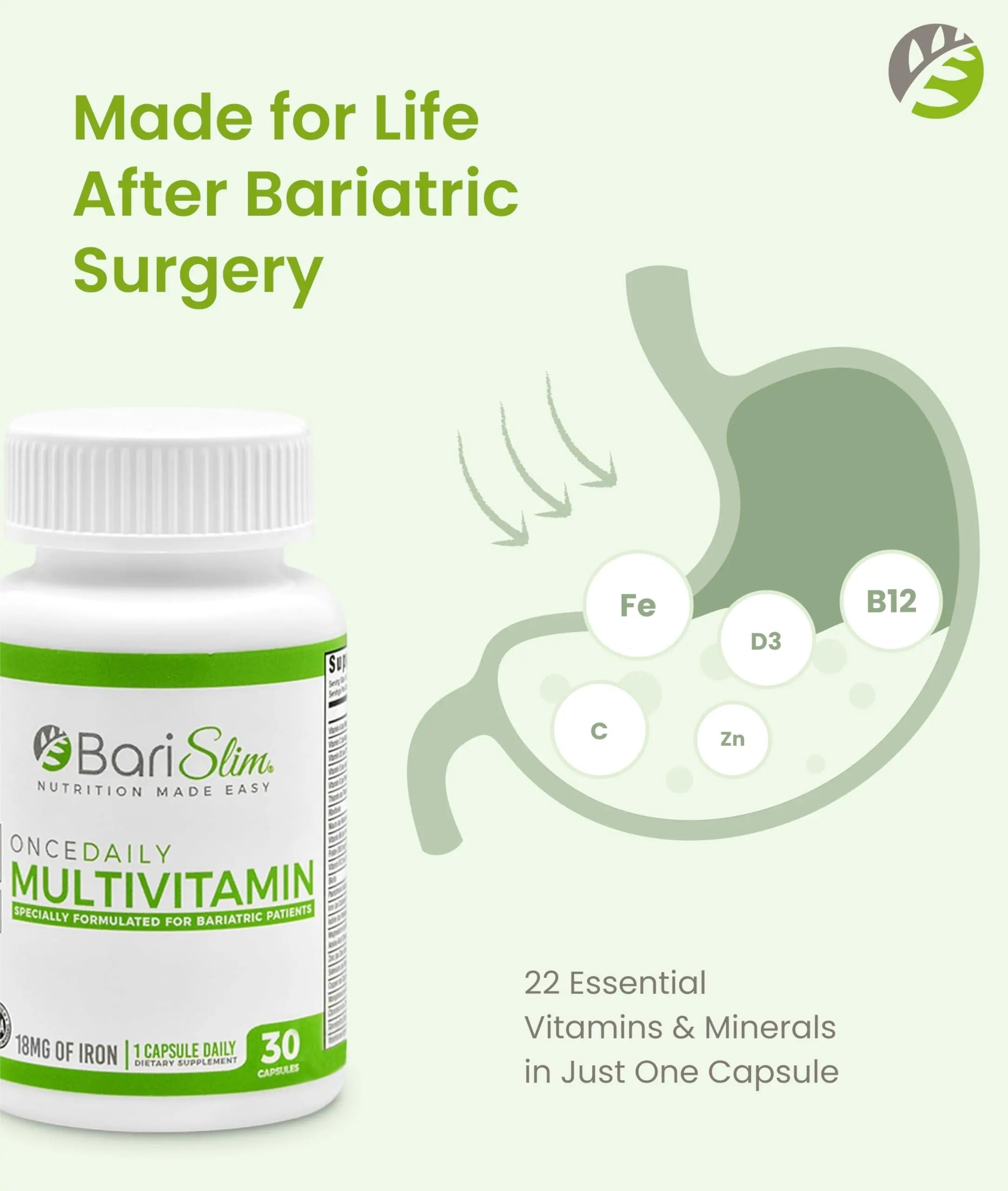 BariSlim Once Daily Bariatric Multivitamin Capsule - 18mg of Iron - Bariatric Vitamin & Supplement for Post Surgery Including Gastric Bypass BariSlim buy supplements canada