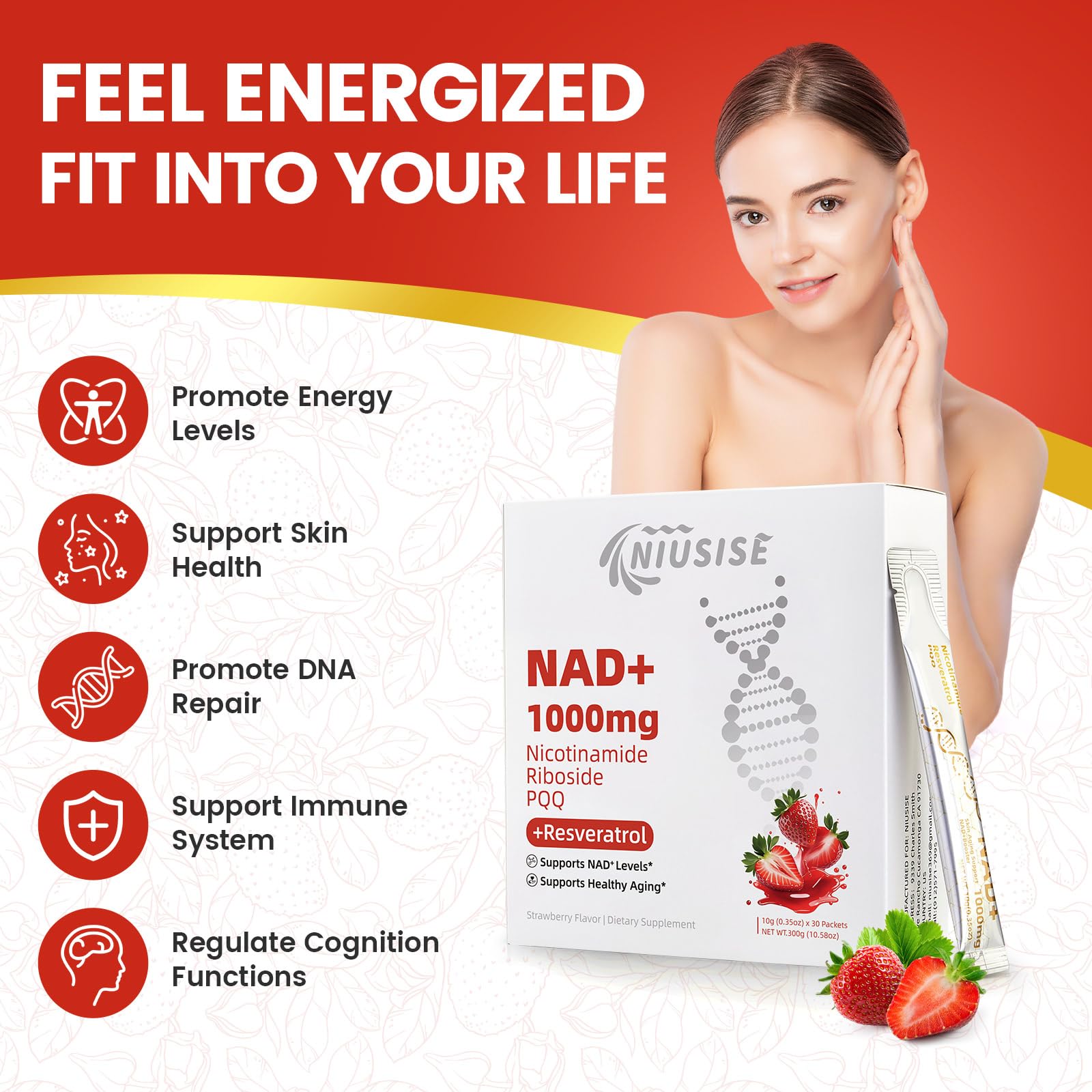 NIUSISE NAD Supplement, NAD+ Liquid, 1000mg Enhanced Formula with PQQ, Nicotinamide Riboside & Resveratrol, Advanced Anti-Aging Support for Men & Women, Sustained Energy, Vitality Boost (30 Packets) NIUSISE buy supplements canada