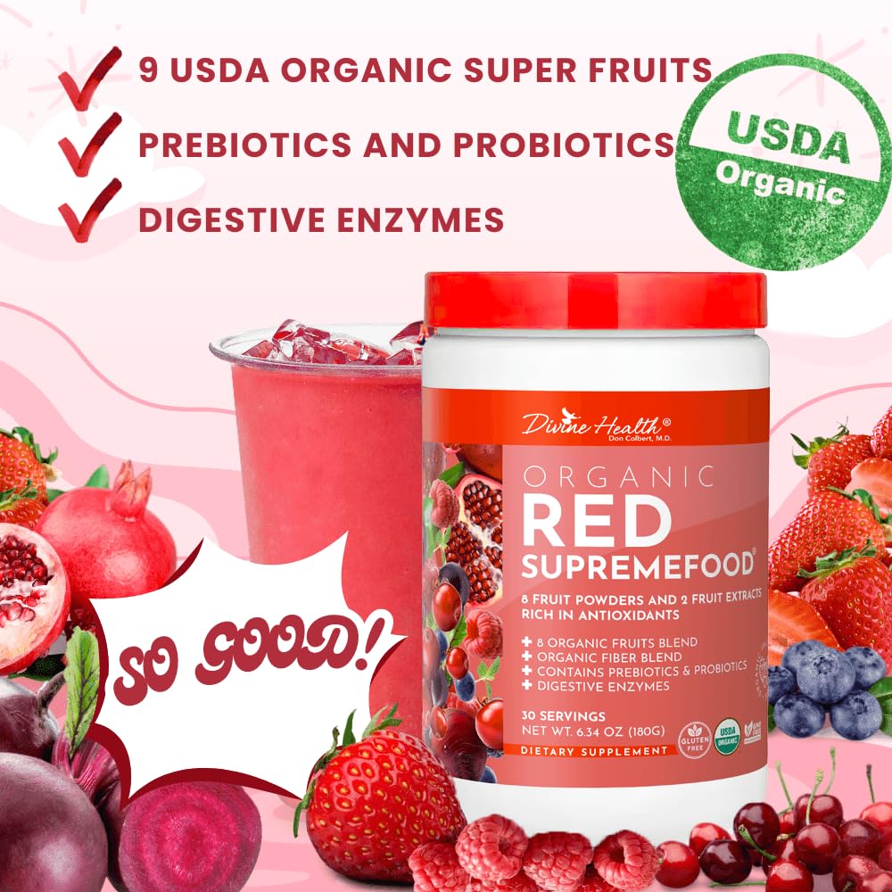 Dr. Colbert, MD Organic Red Supremefood | Berry Flavored Blend | by Divine Health | 10 Organic Fruits | Probiotics | Enzymes | Herbs | Fiber | Antioxidants | Non-GMO | 30 Day Supply | 180g Divine Health buy supplements canada