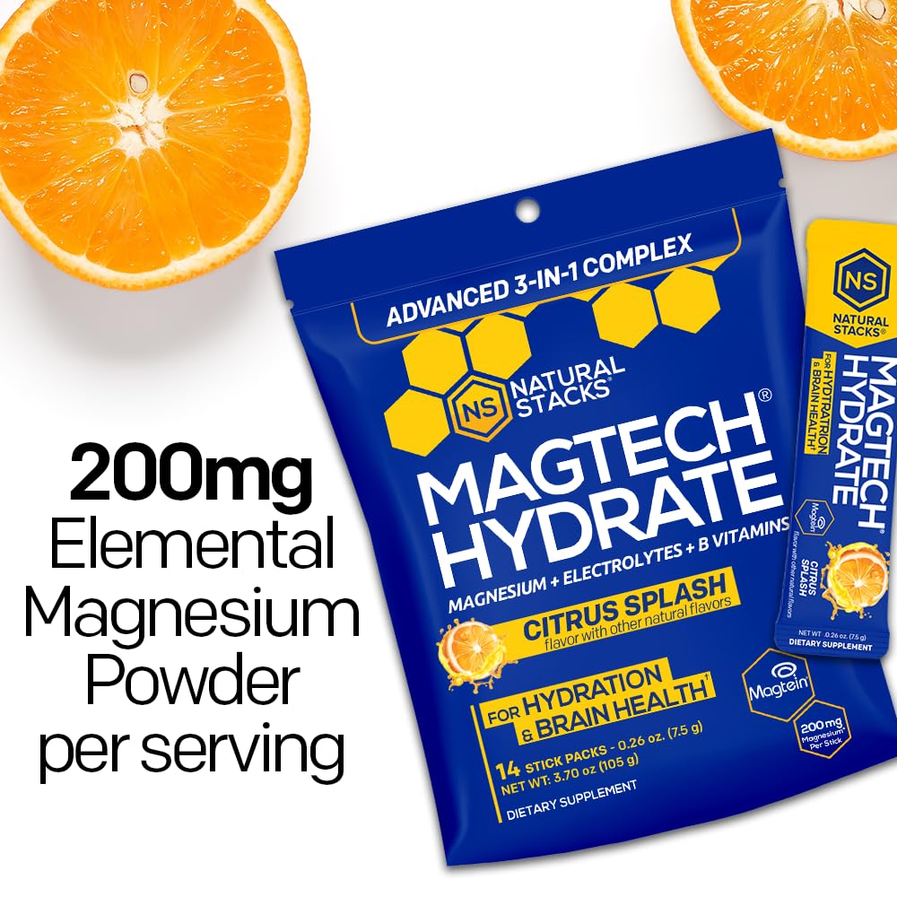 MagTech Magnesium Hydrate Packets - Sugar Free Hydration Powder - Magtein Magnesium L-Threonate, Glycinate & Taurate - 200mg Chelated Triple Complex - Supports Hydration & Brain Health* - 14 Servings NATURAL STACKS buy supplements canada