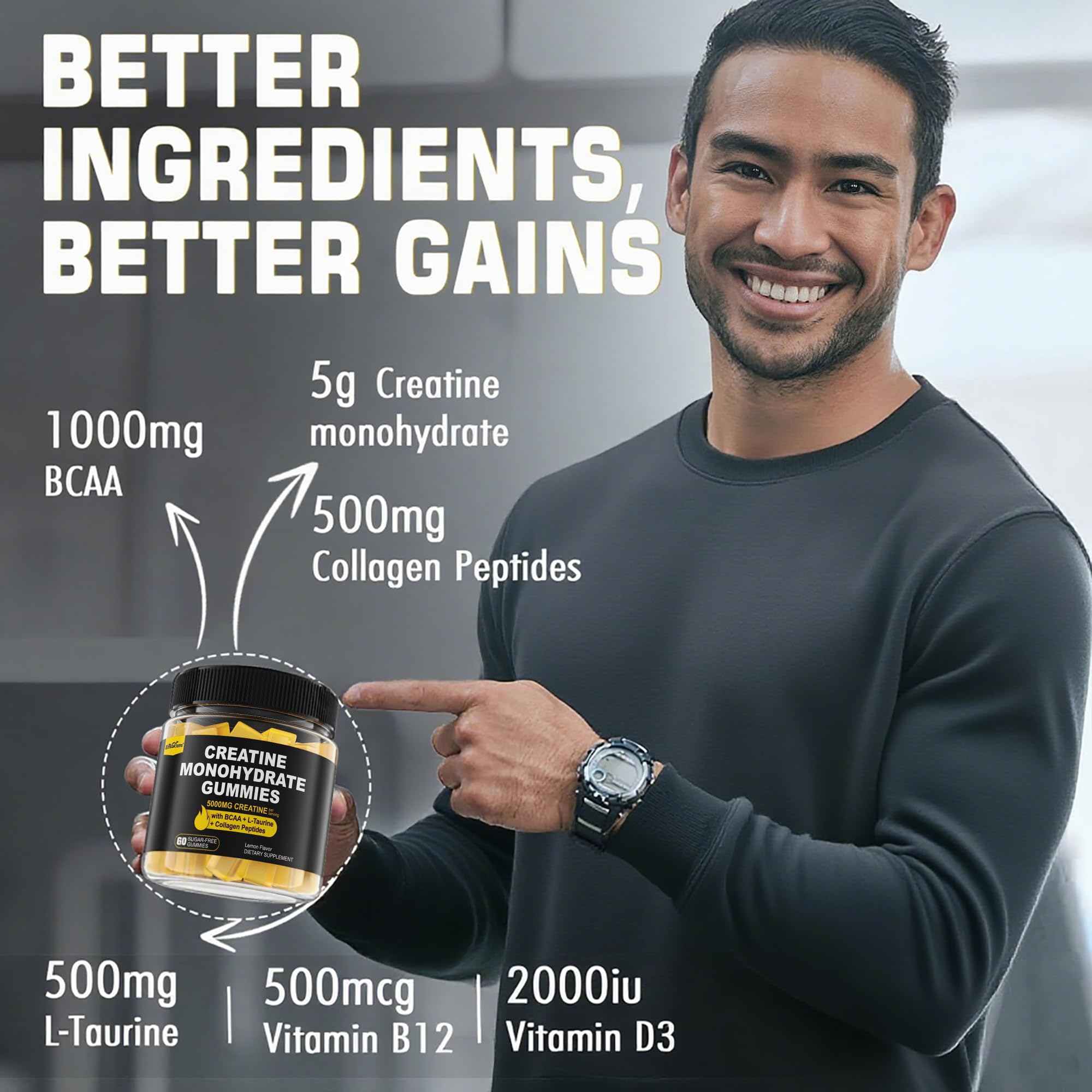 Creatine Monohydrate Gummies for Men & Women - with BCAA, Collagen Peptides, L-Taurine, Vitamin B12, D3, Chewables Creatine Monohydrate 5g Per Serving, Natural Lemon Flavor, Sugar Free, 2 Pack EnvyCure buy supplements canada