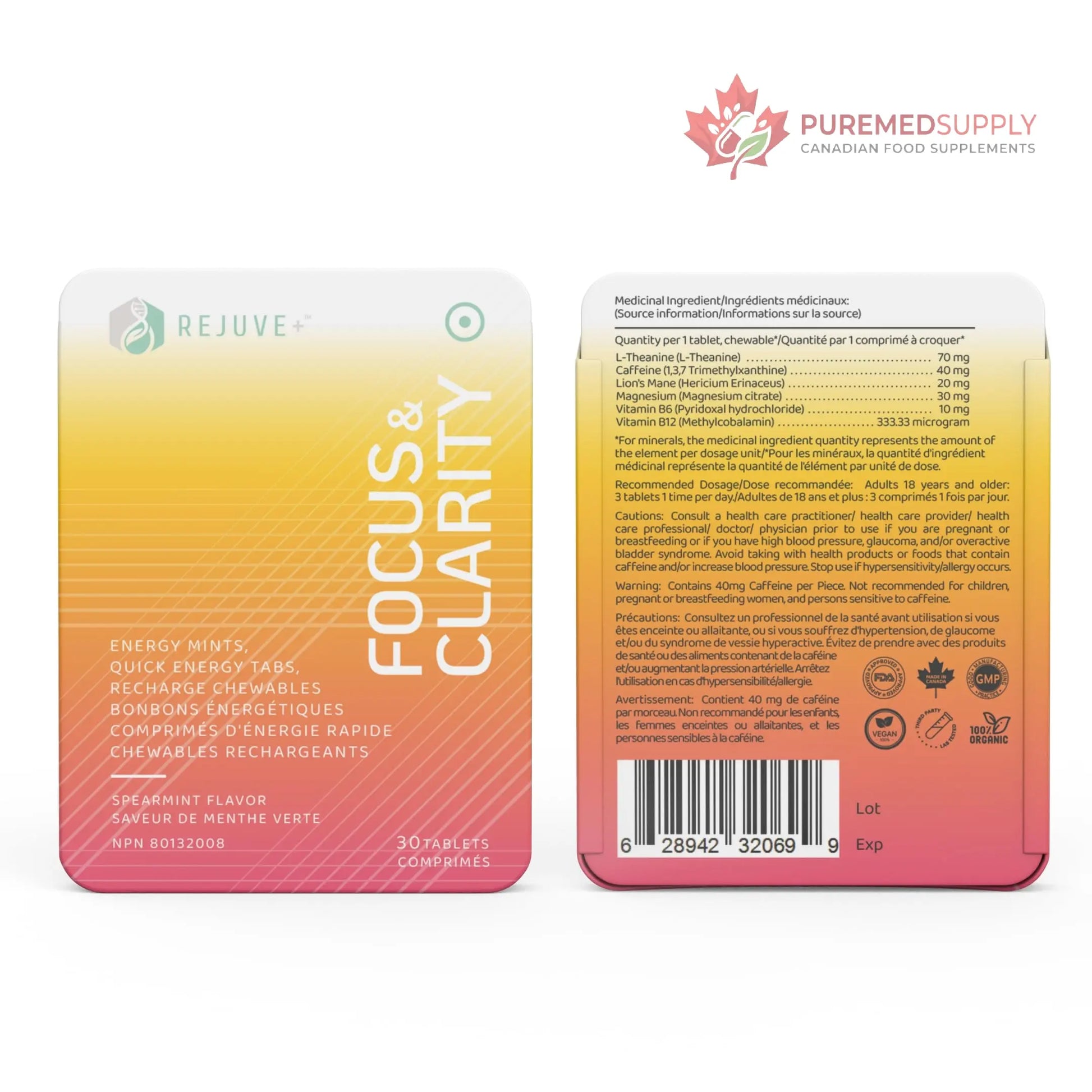 REJUVE+ Focus & Clarity Nootropic Supplement – Brian Boost | L-Theanine, Caffeine, Lion’s Mane, Magnesium, Vitamin B6 & B12 | Brain Support, Memory, Focus & Energy | Mint Flavor (30 Chewables) (1) REJUVE+ buy supplements canada