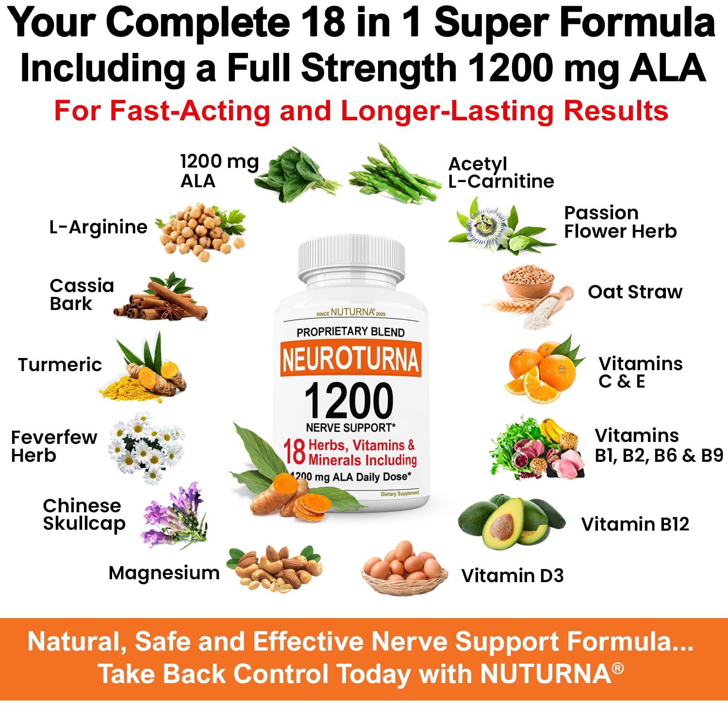 Neuroturna Support Supplement with 1200 mg Pure Alpha Lipoic Acid - Maximum Strength Formula with ALA + Vitamins + Minerals + Herbs - Best Natural Support - 180 Capsules Nuturna buy supplements canada
