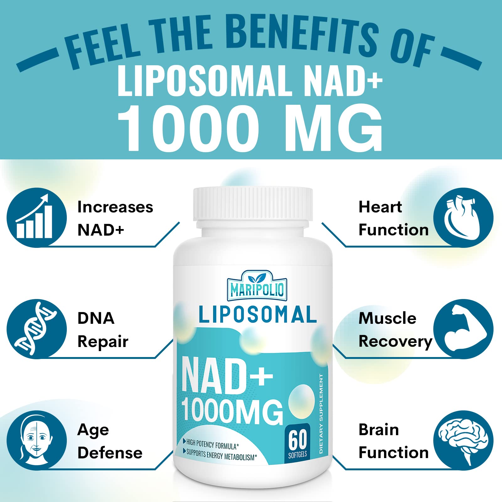 Maripolio Liposomal NAD+ 1000 mg Supplement | High Bioavailability Liposomal Delivery | Cellular Energy & Wellness Support | Pure NAD+ Dietary Supplement for Men,Women, 60 Softgels Maripolio buy supplements canada