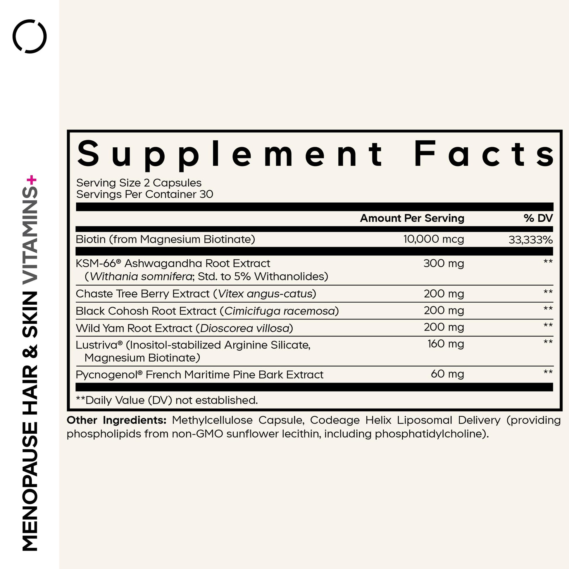 Codeage Menopause Hair & Skin Vitamins+ - Patented Lustriva, Pycnogenol, KSM-66 Ashwagandha - Hair Density Skin Perimenopause Support - Menopause Supplement - 10,000 Mcg Biotin, Wild Yam - 60 Capsules Codeage buy supplements canada