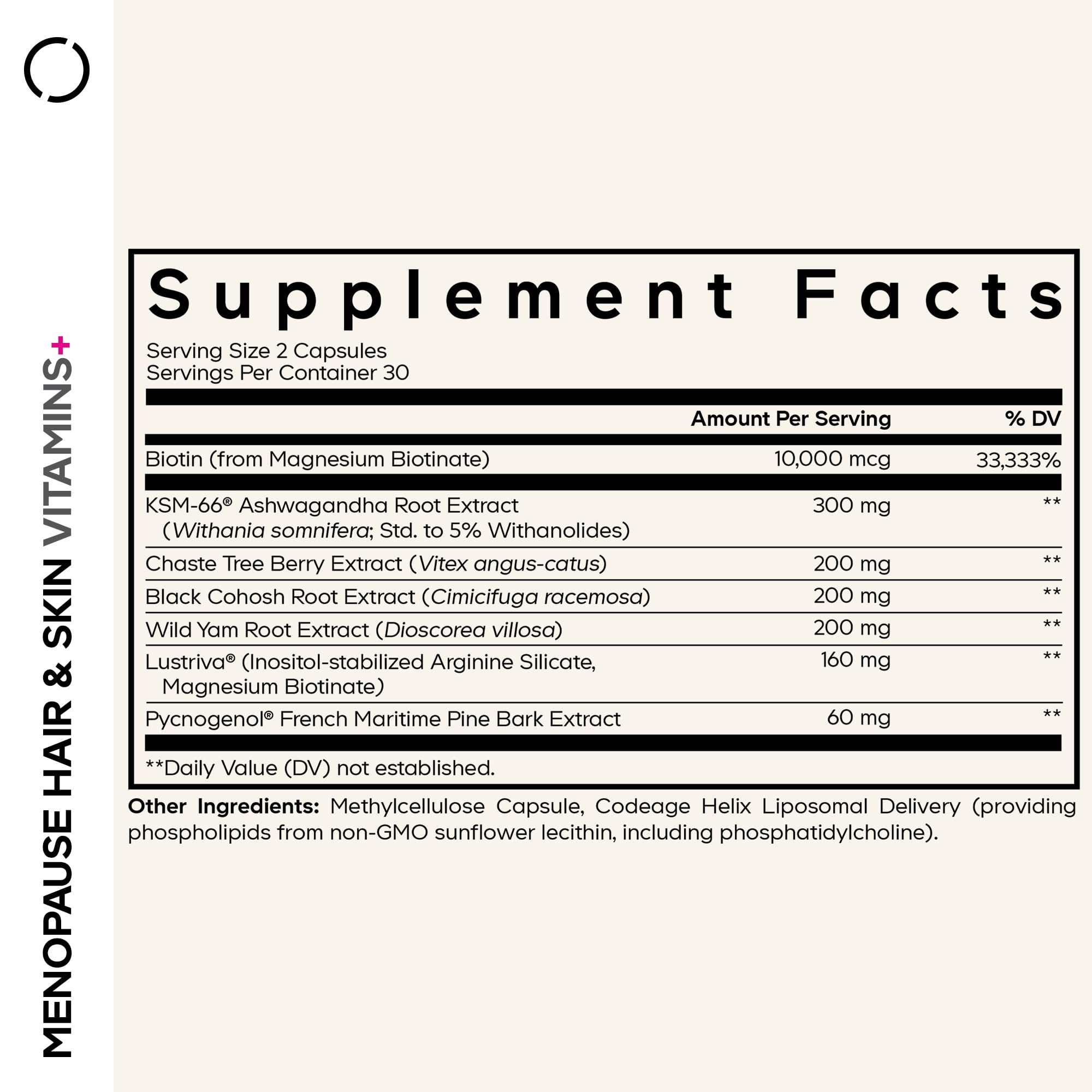 Codeage Menopause Hair & Skin Vitamins+ - Patented Lustriva, Pycnogenol, KSM-66 Ashwagandha - Hair Density Skin Perimenopause Support - Menopause Supplement - 10,000 Mcg Biotin, Wild Yam - 60 Capsules Codeage buy supplements canada