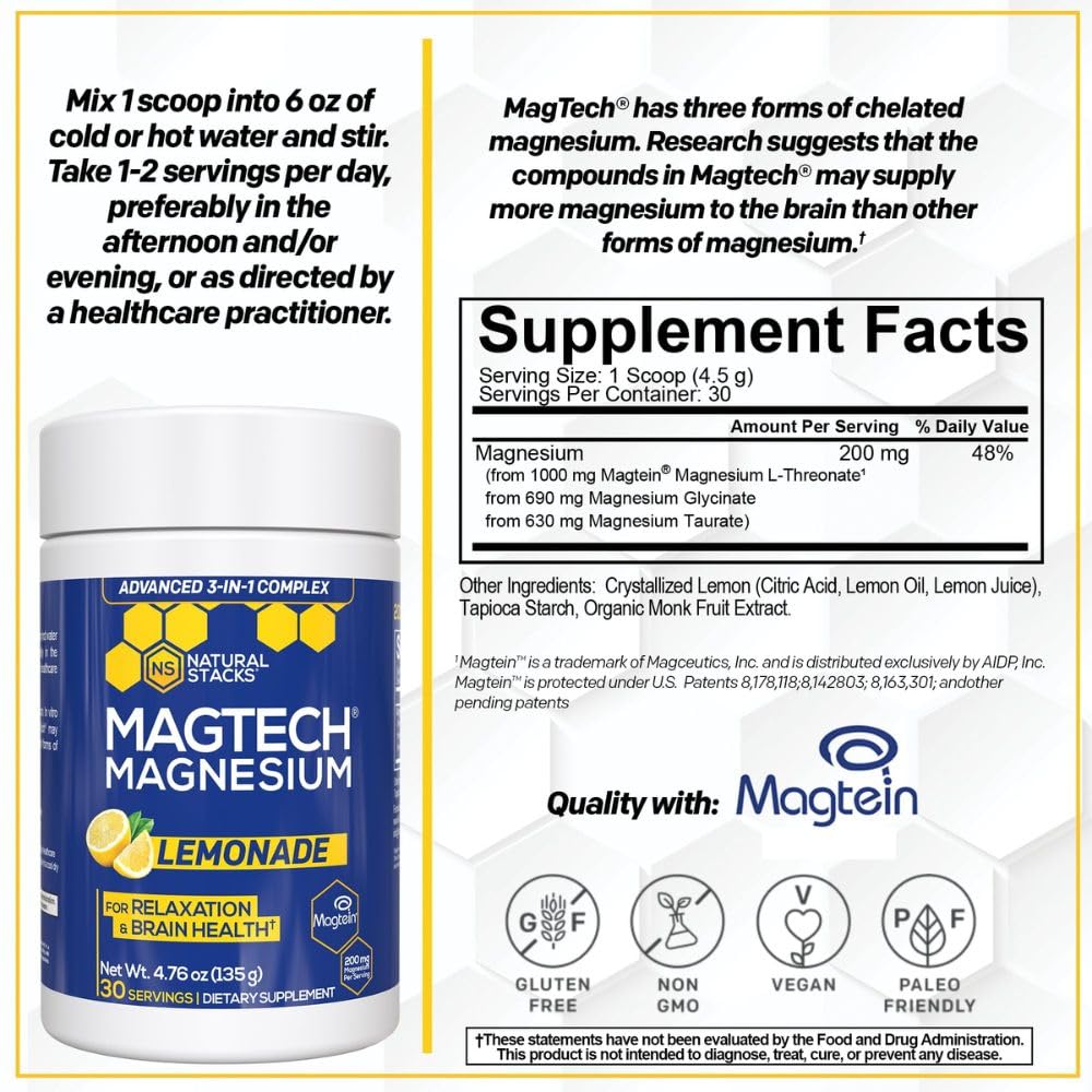 Magtein Magnesium L-Threonate, Glycinate & Taurate - MagTech Magnesium Powder - Sugar Free Lemonade Drink - 200mg Chelated Triple Complex - Supports Relaxation & Brain Health* - 30 Servings NATURAL STACKS buy supplements canada