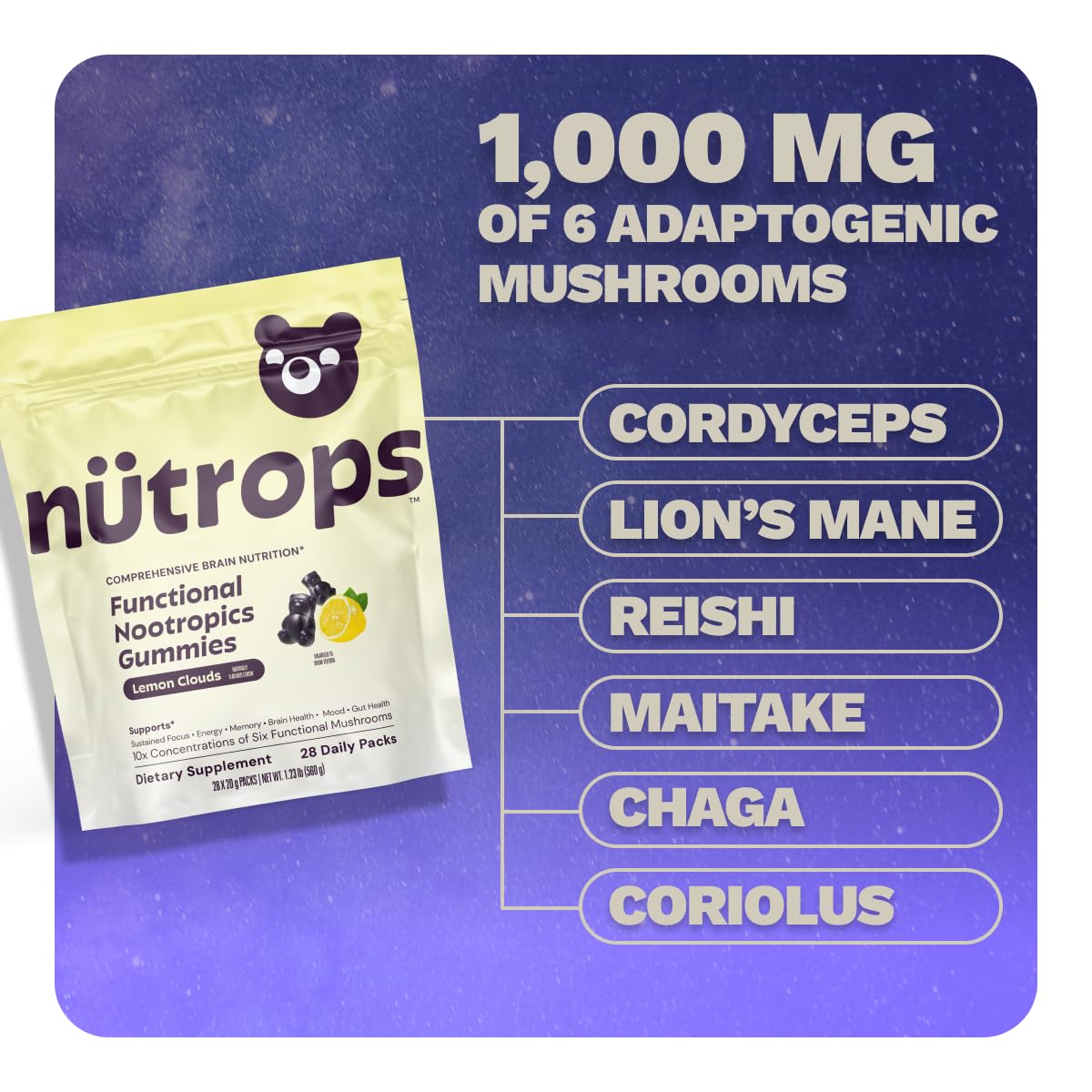 Nutrops Lions Mane Mushroom Gummies for adults, Functional Nootropics, Herbal Brain Supplement for Energy, Brain Health, Cognitive, Memory & Focus, Reishi, Chaga, Cordyceps, Coriolus, 28 daily Packs Grüns buy supplements canada