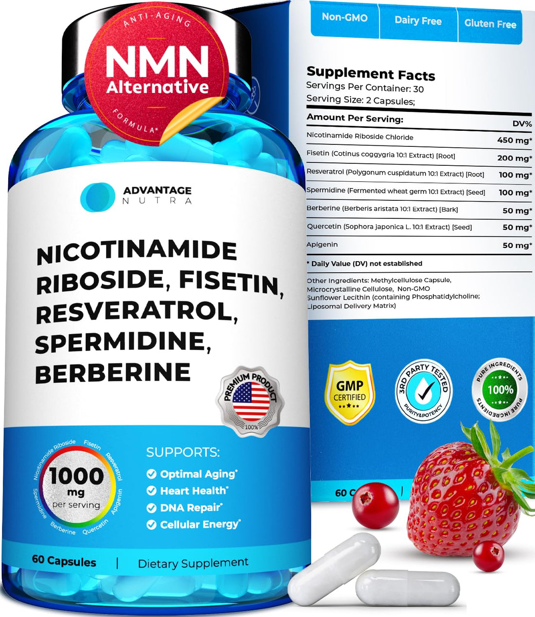 AdvantageNutra Liposomal Nicotinamide Riboside NR Supplement Resveratrol NAD : Nicotinamide 500mg w/Fisetin, Resveratrol Powder Spermidine Berberine NAD Resveratrol Supplement 500 mg - 60 caps 1 Pack AdvantageNutra buy supplements canada