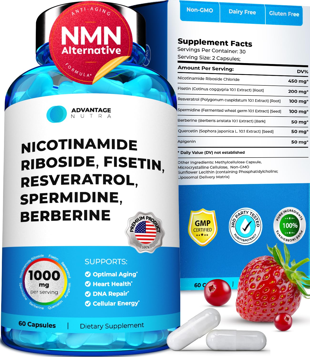 AdvantageNutra Liposomal Nicotinamide Riboside NR Supplement Resveratrol NAD : Nicotinamide 500mg w/Fisetin, Resveratrol Powder Spermidine Berberine NAD Resveratrol Supplement 500 mg - 60 caps 1 Pack AdvantageNutra buy supplements canada