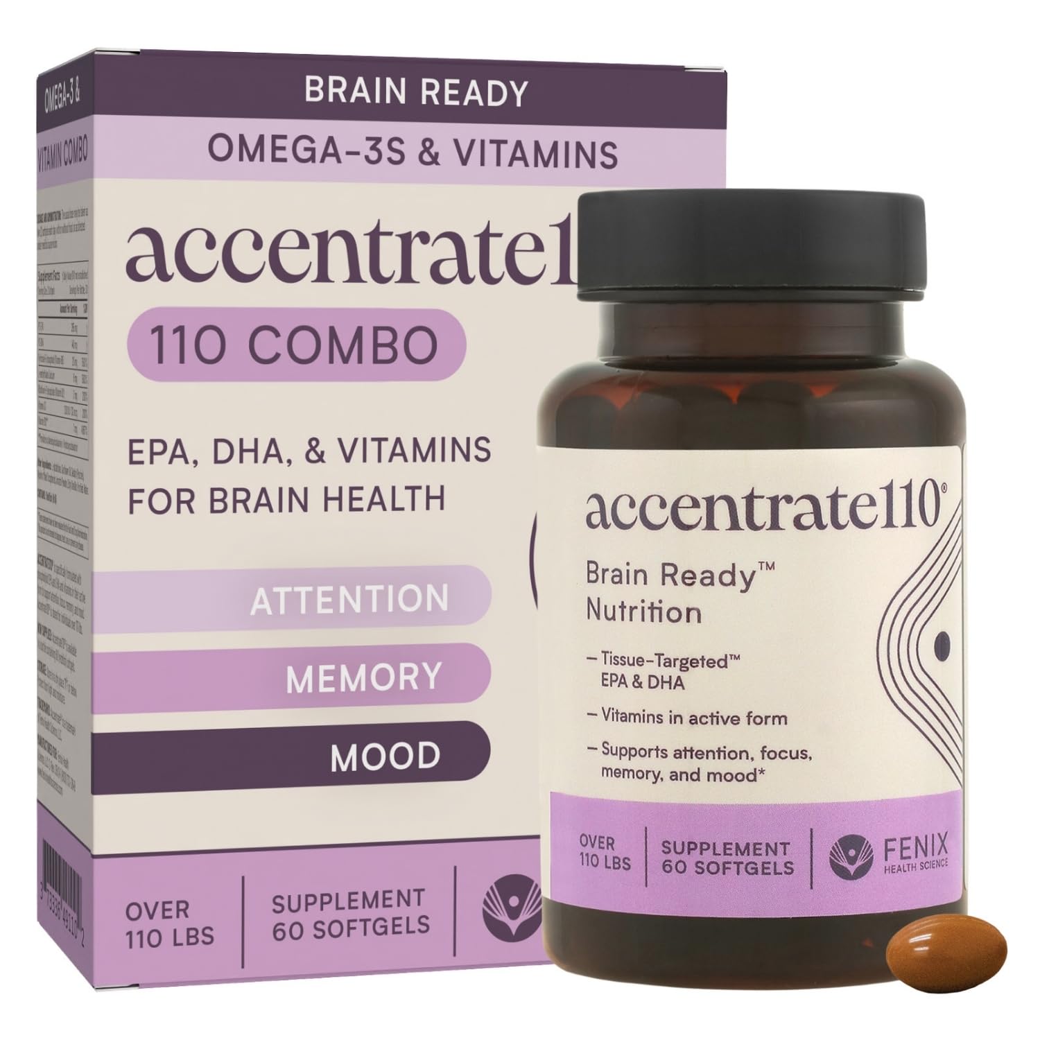 Accentrate110 - Focus Supplement - Methylated Vitamin B Complex with Omega 3 Fatty Acid Supplement - L-Methylfolate, Vitamin B12, P-5-P, Riboflavin, VIT D, – 60 Softgels (1 Month Supply) Accentrate buy supplements canada
