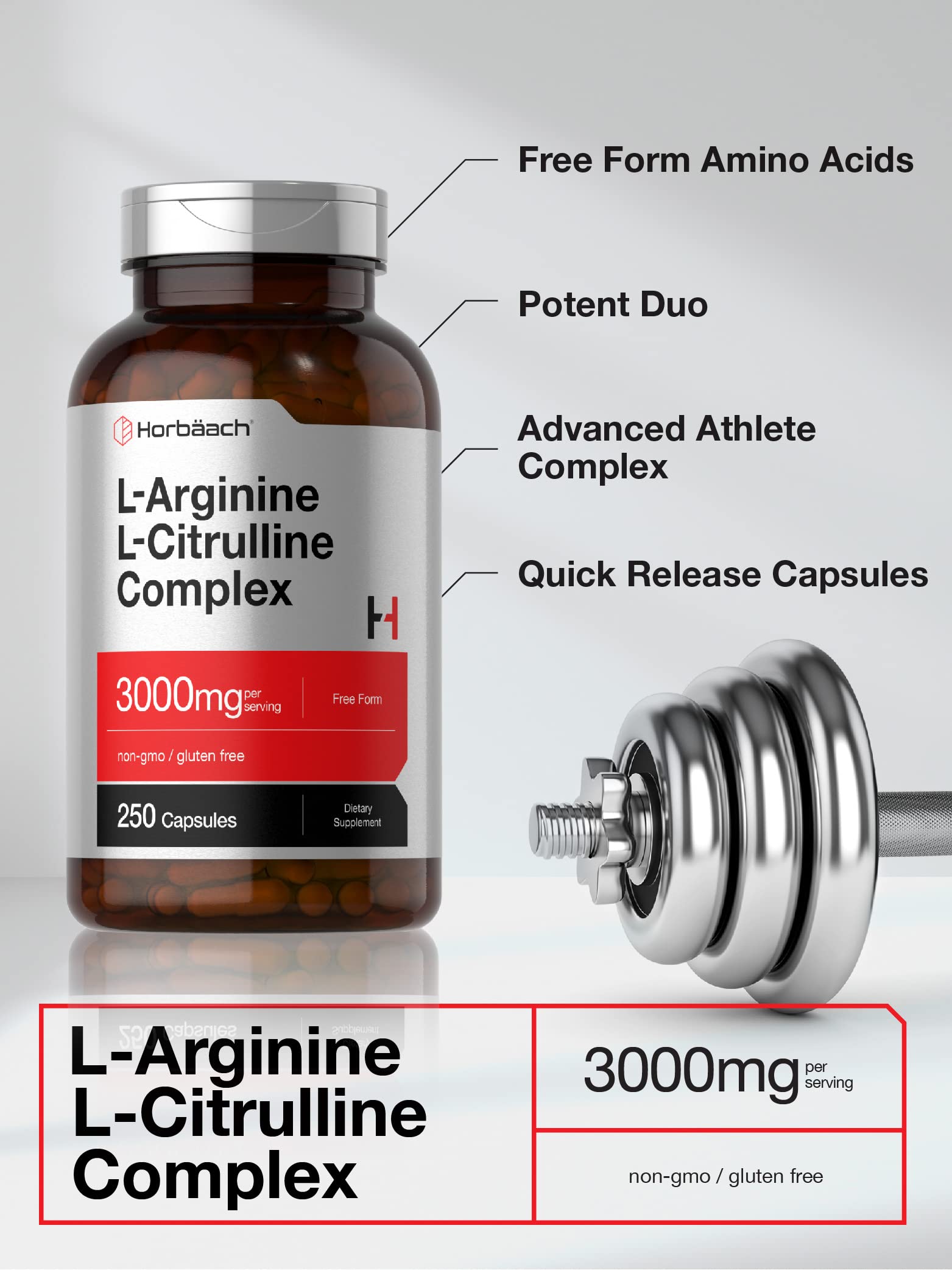 Horbäach L-Arginine L-Citrulline Complex | 3000mg | 250 Capsules | Non-GMO, Gluten Free Supplement Horbäach buy supplements canada