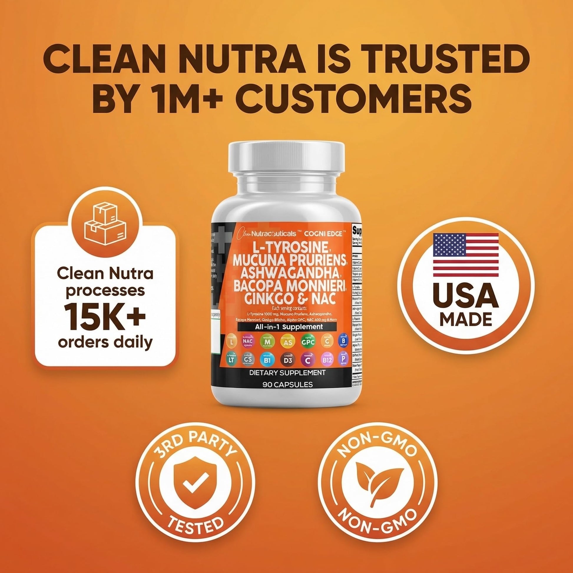 Clean Nutraceuticals L Tyrosine Mucuna Pruriens Bacopa Monnieri Ashwagandha Focus Supplement w/N-Acetyl Cysteine NAC 5-HTP Ginkgo Biloba Alpha GPC Vitamin C D B1 B12 Clean Nutraceuticals buy supplements canada