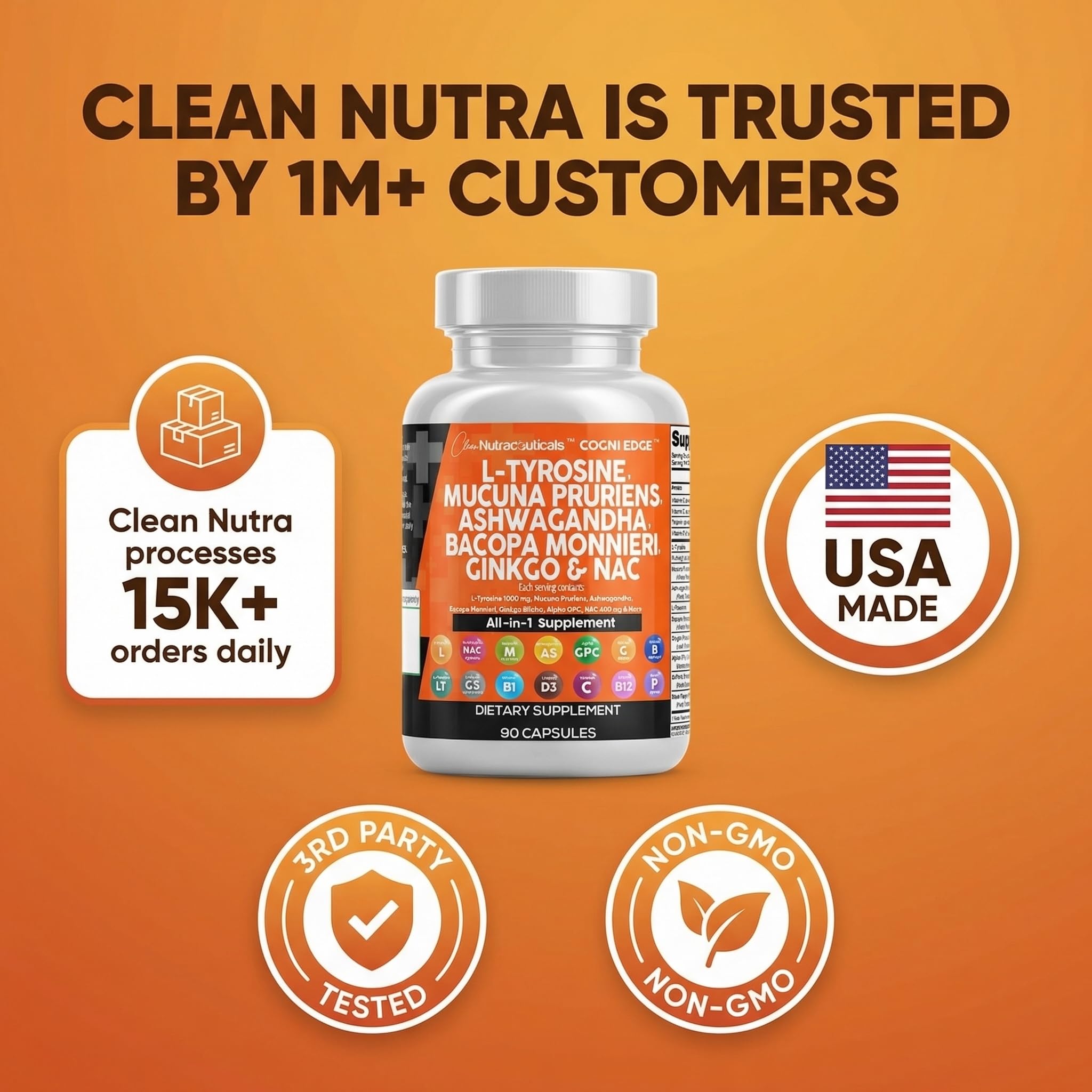Clean Nutraceuticals L Tyrosine Mucuna Pruriens Bacopa Monnieri Ashwagandha Focus Supplement w/N-Acetyl Cysteine NAC 5-HTP Ginkgo Biloba Alpha GPC Vitamin C D B1 B12 Clean Nutraceuticals buy supplements canada