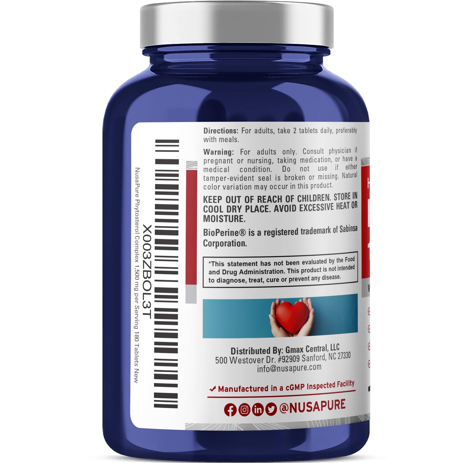 NusaPure Plant Sterols 1500 mg - 180 Tablets (Non-GMO, Vegan) Beta Sitosterol, Bioperine NusaPure buy supplements canada