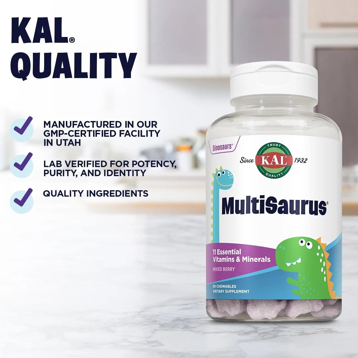 KAL MultiSaurus Kids Chewable Multivitamins, 11 Essential Vitamins and Minerals for Kids, Mixed Berry Flavor, Gluten and Preservative Free KAL buy supplements canada
