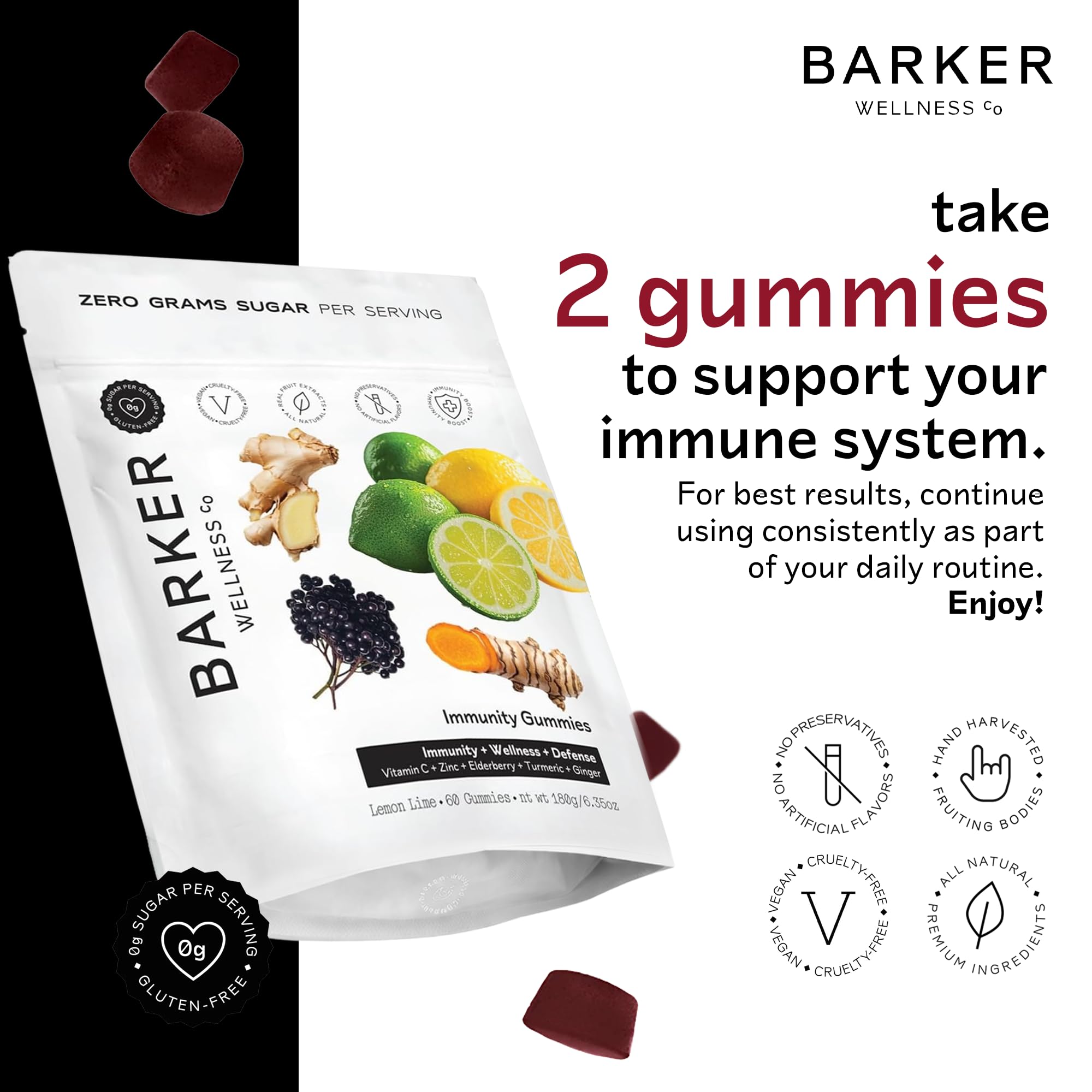 Barker Wellness Immunity Gummies with Vitamin C, Zinc, Elderberry, Turmeric & Ginger for Daily Immune Support | Vegan, Sugar-Free, Lemon-Lime Flavor | Seasonal Wellness Essentials, 60 Count Barker Wellness Co buy supplements canada