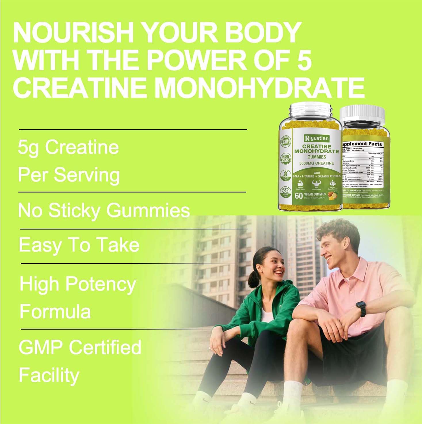 Riyuetian Creatine Monohydrate Gummies, Creatine for Men & Women, Chewable Creatine for Enhancing Focus and Endurance, 5g Creatine per Serving, Sugar-Free, 60 Count Riyuetian buy supplements canada