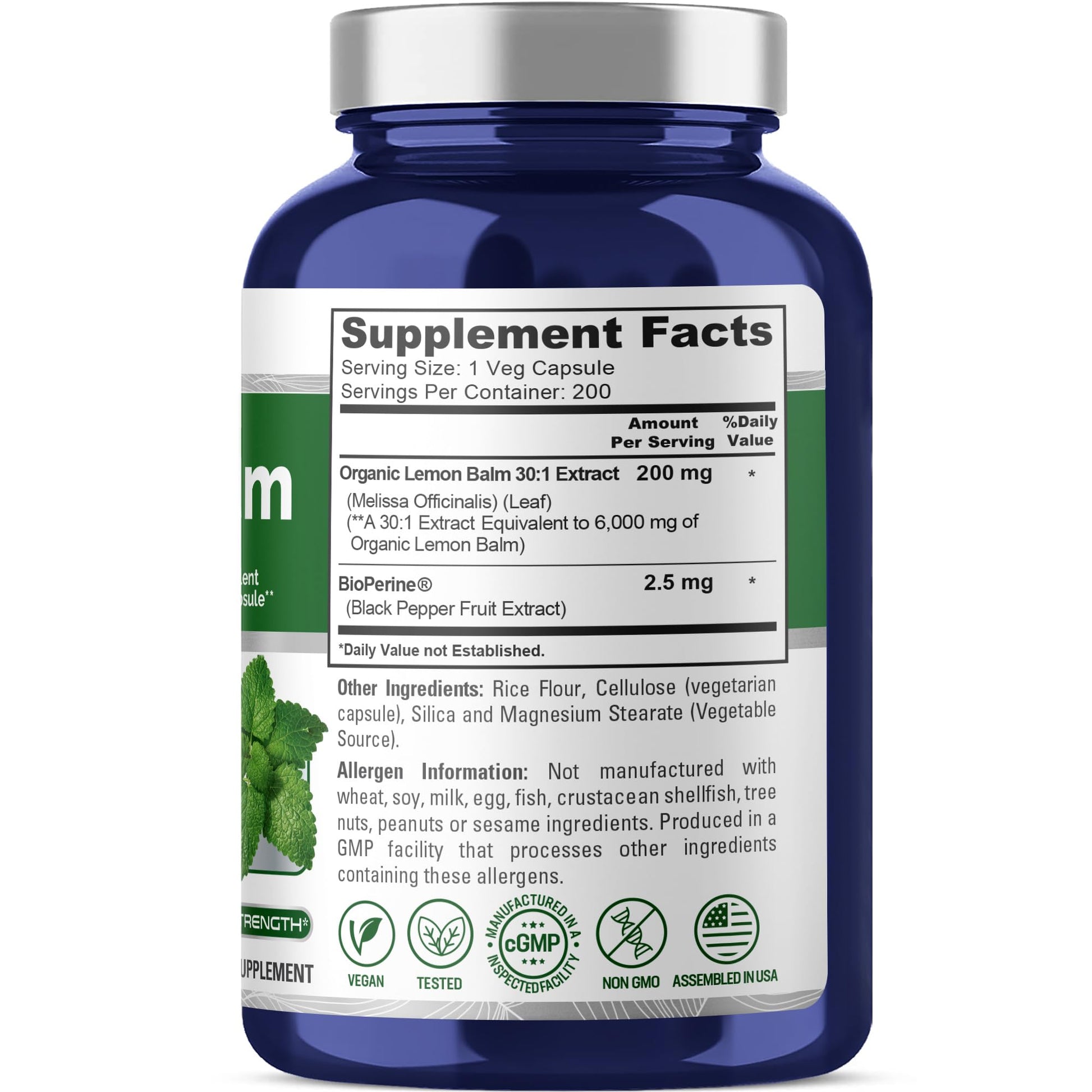 NusaPure Lemon Balm 30:1 Extract, 200 mg Equivalent to 6000mg Per Vegan Caps - 200 Count Non-GMO, Vegan Bioperine NusaPure buy supplements canada