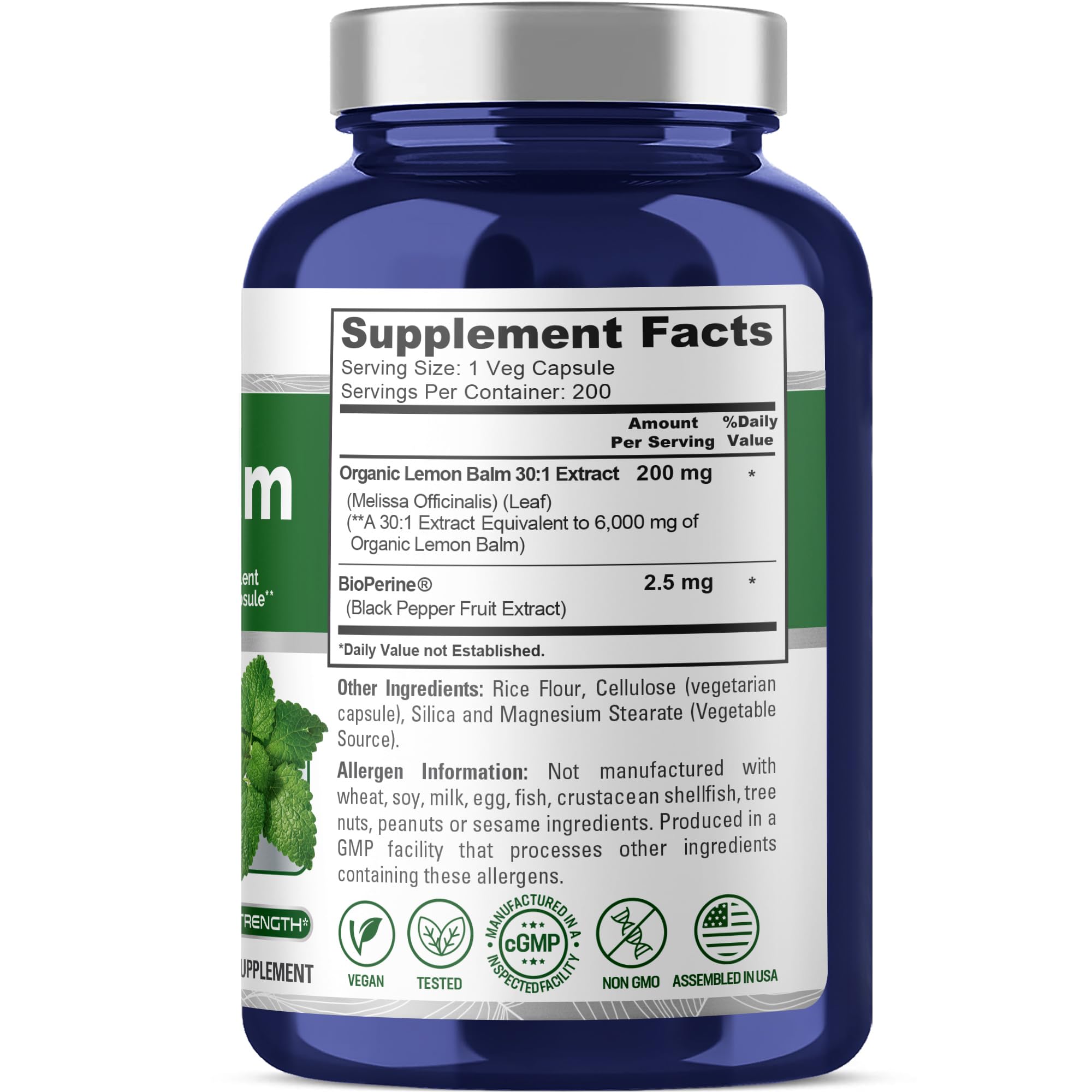 NusaPure Lemon Balm 30:1 Extract, 200 mg Equivalent to 6000mg Per Vegan Caps - 200 Count Non-GMO, Vegan Bioperine NusaPure buy supplements canada