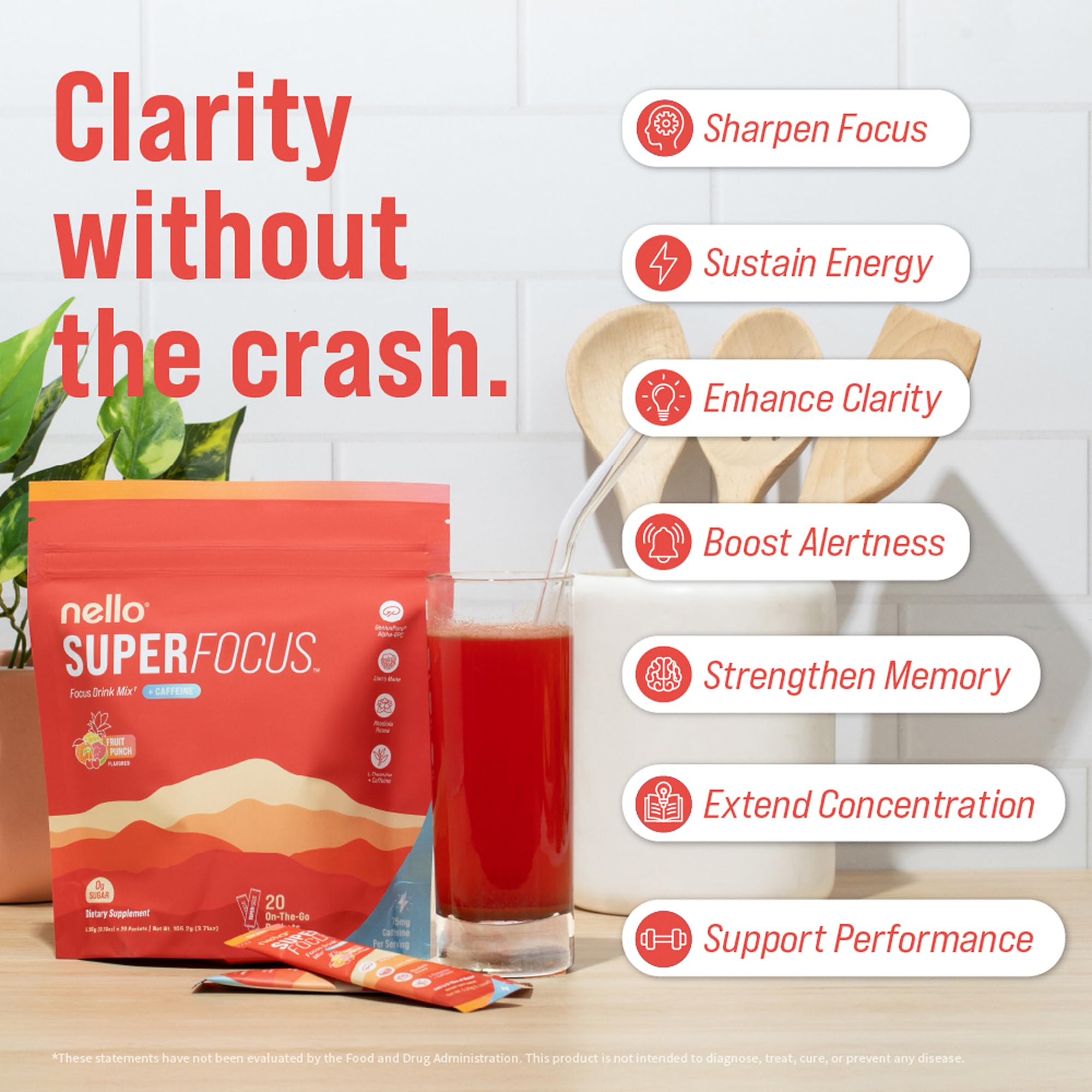 Nello Superfocus – Nootropic Focus Drink Mix for Productivity, Caffeine, L-Theanine, Rhodiola Rosea, Alpha-GPC, Lion’s Mane, Tyrosine, Sugar-Free Packets - With Caffeine (Pack of 20) (20 Servings (Caffeine), Fruit Punch) Nello buy supplements canada