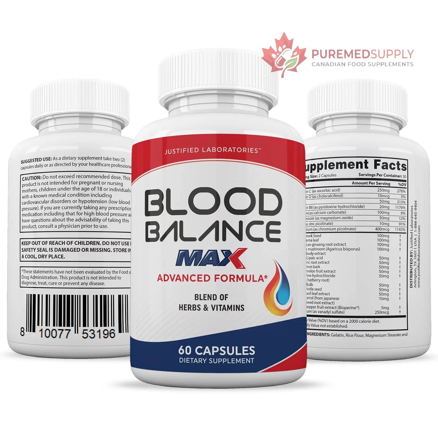 Justified Laboratories (3 Pack) Blood Balance Max 1295MG Supplement Pills 180 Capsules Justified Laboratories buy supplements canada