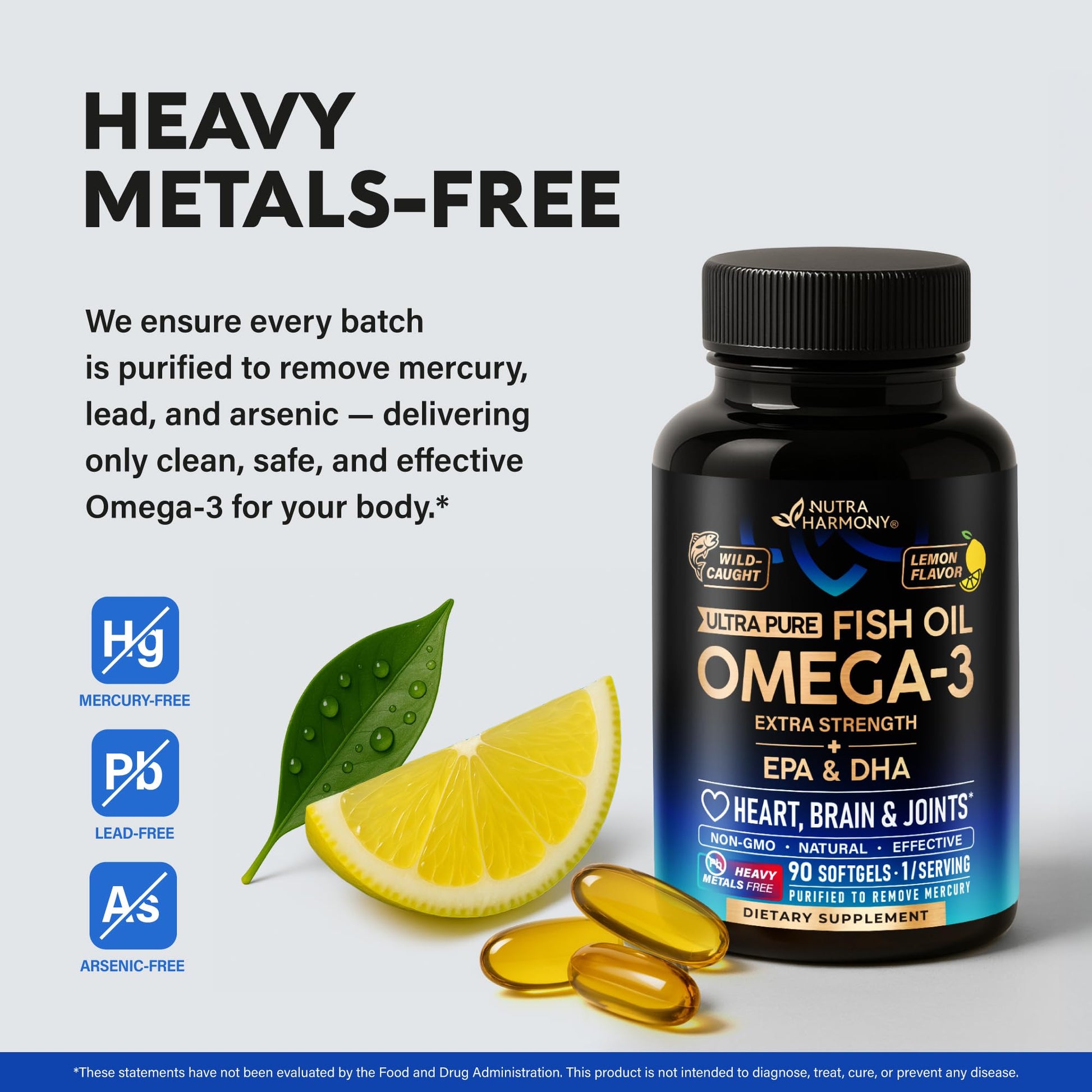 Omega 3 Fish Oil 3600 mg - Omega 3 Supplement | EPA & DHA - Heavy Metals Free - Heart, Brain & Joint Support - Purified Fish Oil for Men & Women - Lemon Flavored - Made in USA, 90 Softgels NUTRAHARMONY buy supplements canada