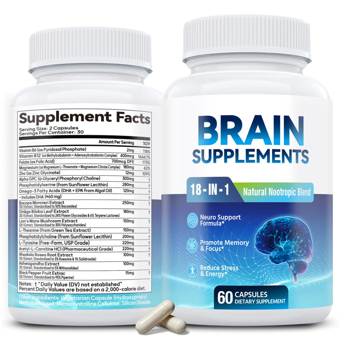 18-in-1 Brain Supplement for Memory and Focus – Nootropic Capsules with Alpha GPC, Bacopa, Ginkgo Biloba, Lion's Mane, Vitamin B6 & B12 | Cognitive Health, Mental Clarity | Vegan, Non-GMO Fenolutra buy supplements canada