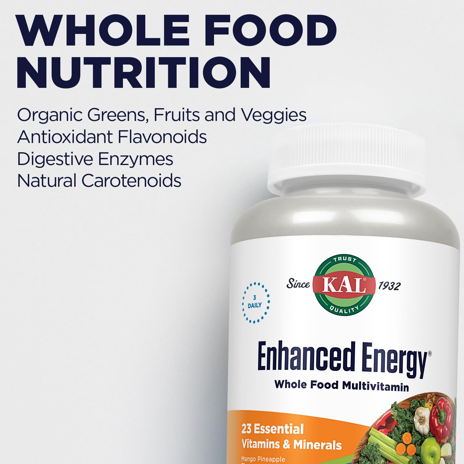 KAL Enhanced Energy Supplements, Whole Food Chewable Multivitamin with Iron, 3 Daily, 23 Essential Vitamins and Minerals, Super Foods, Enzymes, Mango Pineapple Flavor, 60-Day Guarantee, 20 Serv, 60ct KAL buy supplements canada