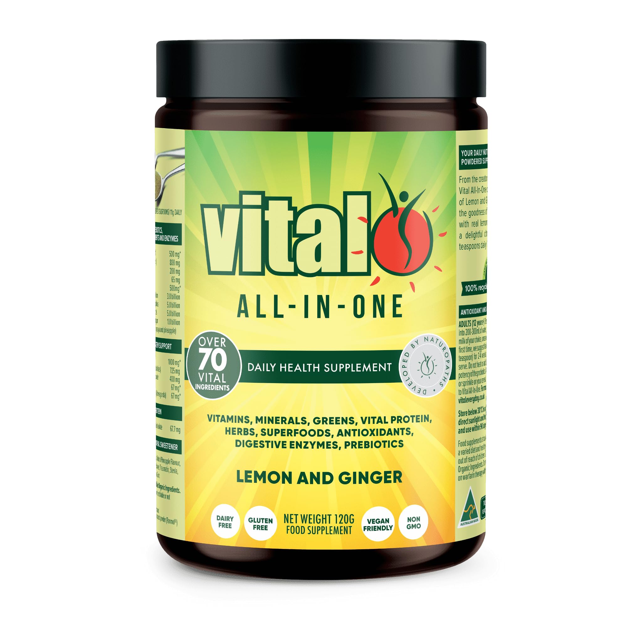 Vital All-in-One Daily Powdered Supplement - Natural Greens Superfood Powder for Energy & Health, Super Greens Powder Drink Mix with Probiotic & Antioxidant Support - Lemon & Ginger, 4.23 oz (120 g) Vital buy supplements canada