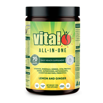 Vital All-in-One Daily Powdered Supplement - Natural Greens Superfood Powder for Energy & Health, Super Greens Powder Drink Mix with Probiotic & Antioxidant Support - Lemon & Ginger, 4.23 oz (120 g) Vital buy supplements canada
