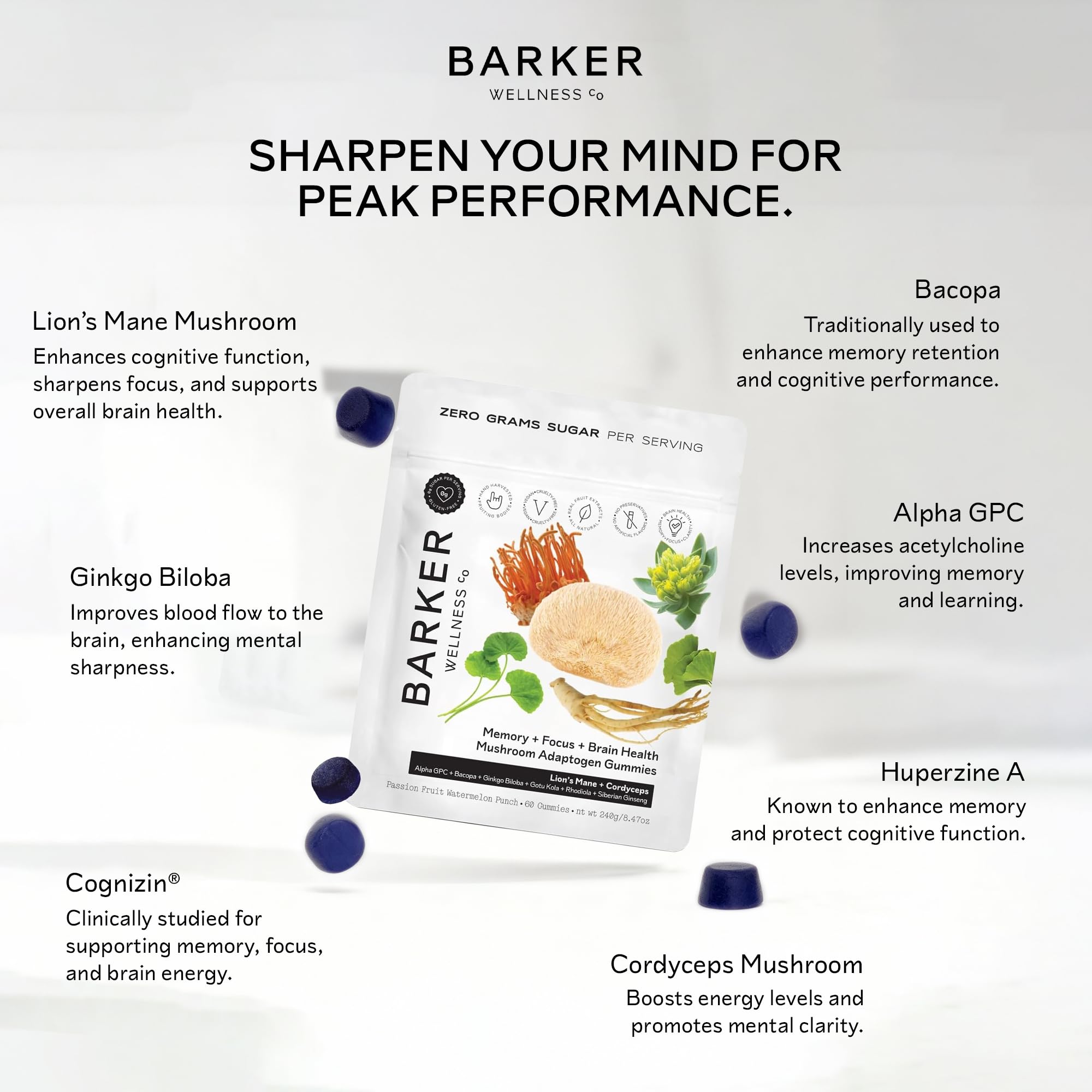 Barker Wellness Mushroom Adaptogen Gummies for Memory & Focus, Brain Health Supplement with Lion's Mane, Cordyceps, Cognizin, Vegan, Sugar-Free Passion Fruit Watermelon Flavor- 60 Count Barker Wellness Co buy supplements canada