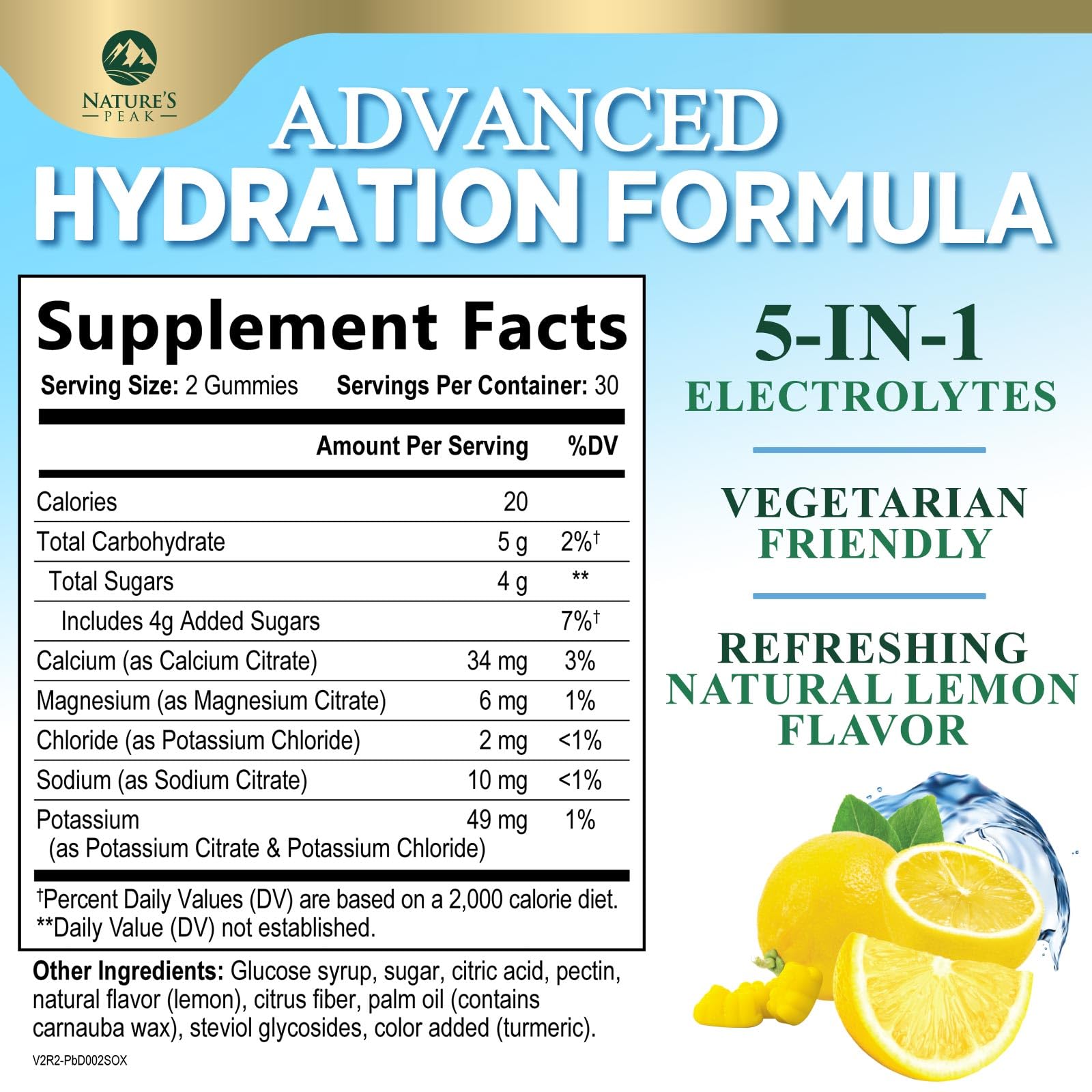 Hydration Electrolyte Gummies - Daily Liquid Replenisher Gummy - Electrolyte Multiplier with Minerals, Potassium & Real Salt - Vegan, Non-GMO - Tasty Lemon Flavor Hydration Electrolytes - 60 Gummies Nature's Peak buy supplements canada