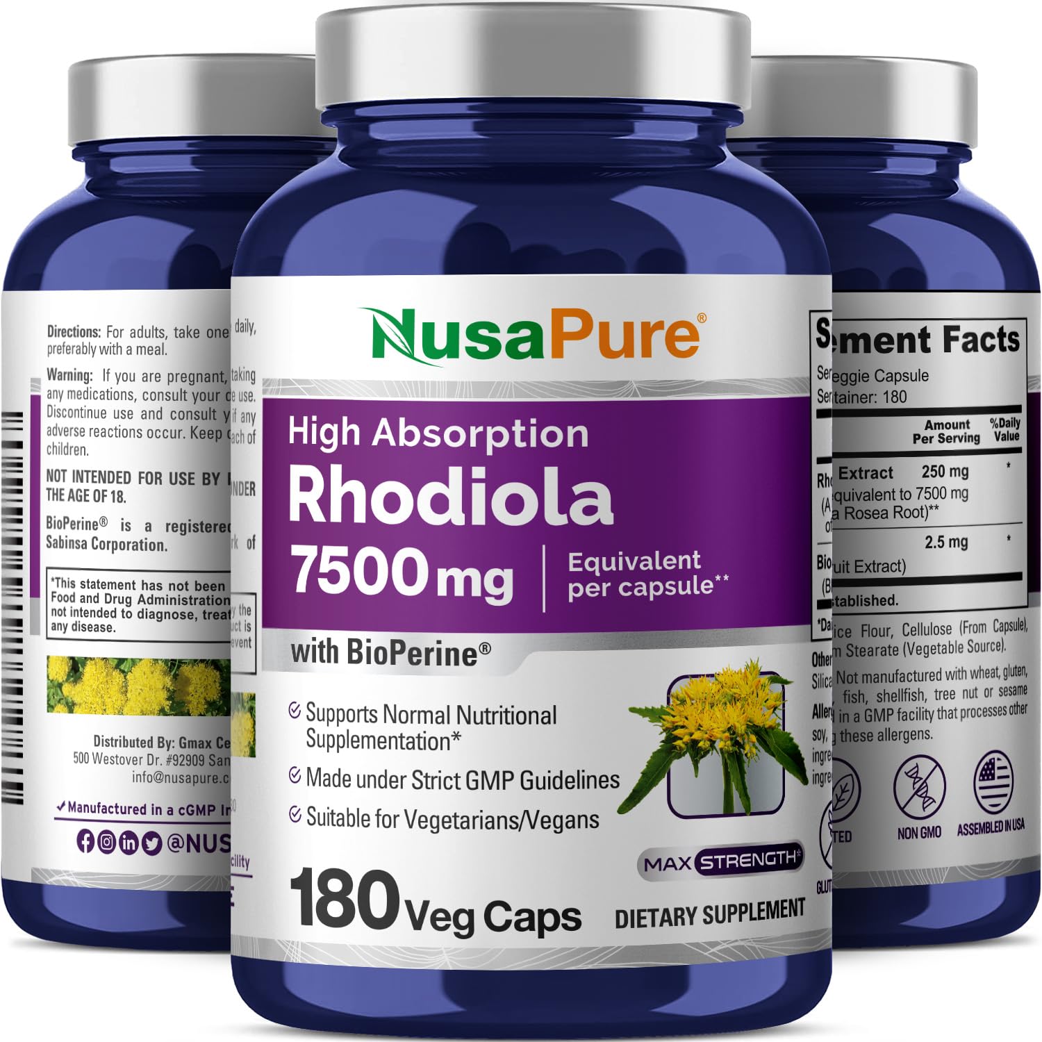 NusaPure Rhodiola Rosea 7,500mg 180 Veggie Capsules (Non-GMO, Extract 30:1, Vegan & Gluten-Free) Bioperine NusaPure buy supplements canada